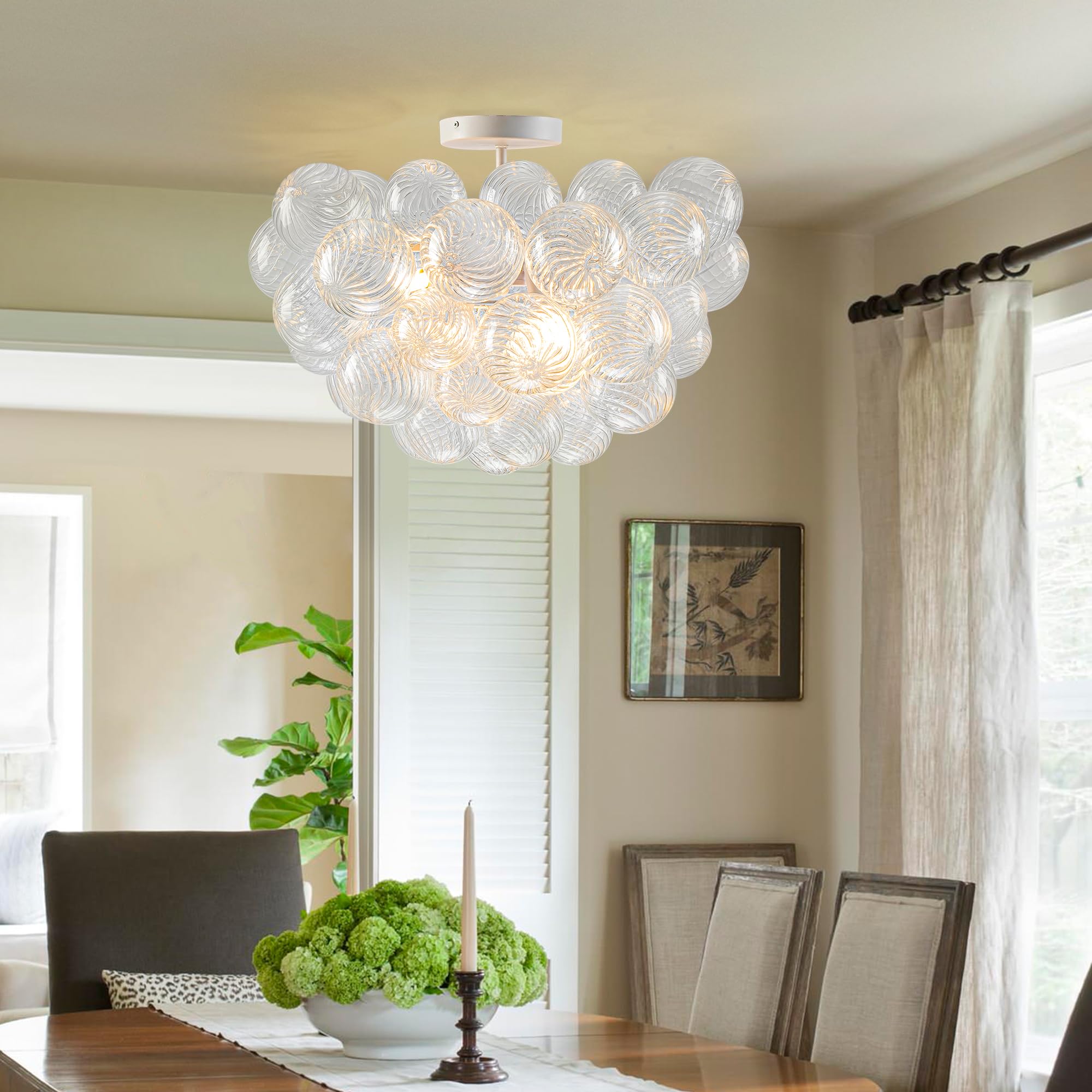 Beypan Bubble Ball Glass Chandelier White Finish Clear Ribbed Blown Glass Globe Semi Flush Mount Ceiling Light Fixture 20'' Dia
