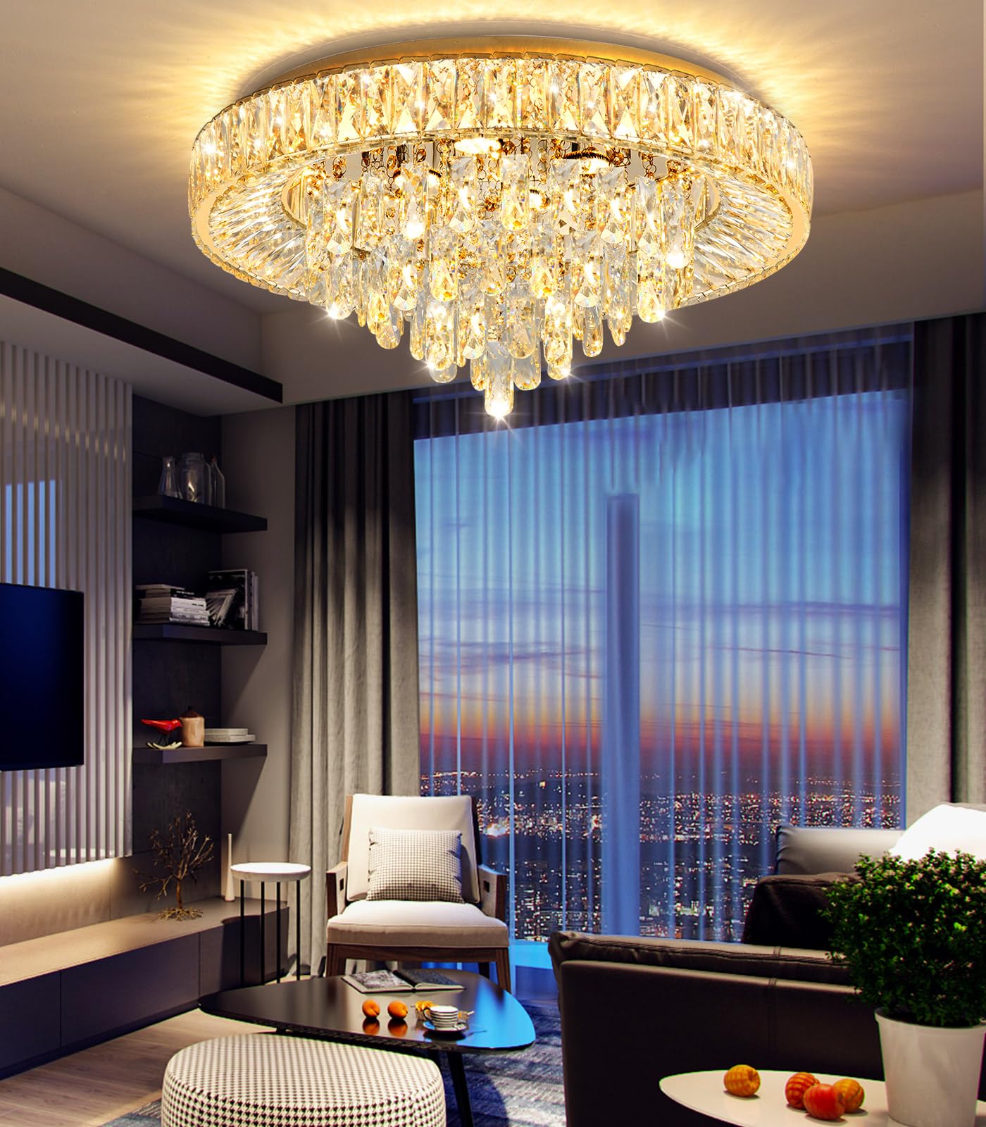 23.6'' Modern Crystal Chandeliers Led Dimmable Flush Mount Ceiling Chandeliers For Living Room Entrance Foyer Bedroom Gold