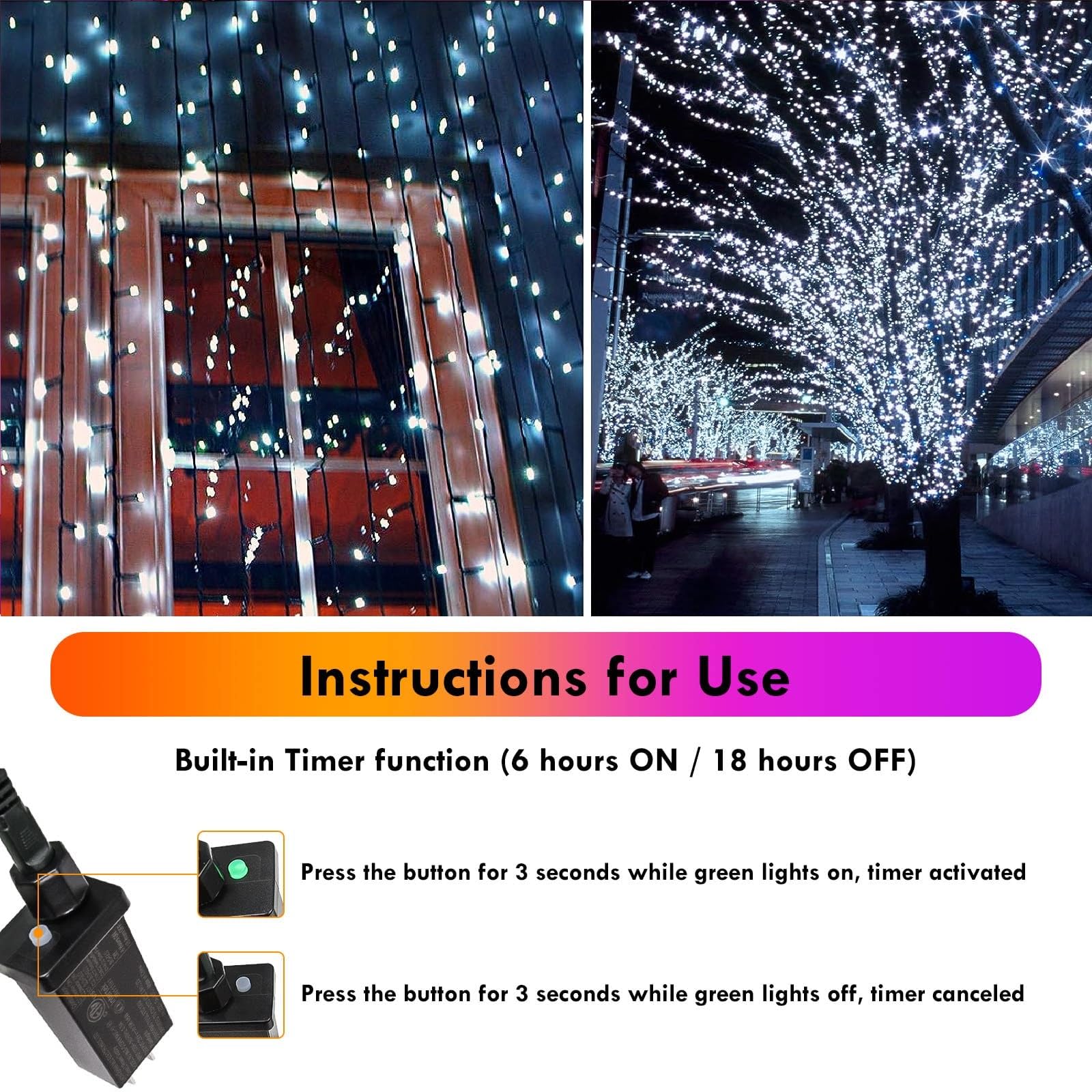 SANJICHA 2-Pack 66FT 200 LED White Christmas String Lights, 8 Modes, Indoor Outdoor, Green Wire, Cool White