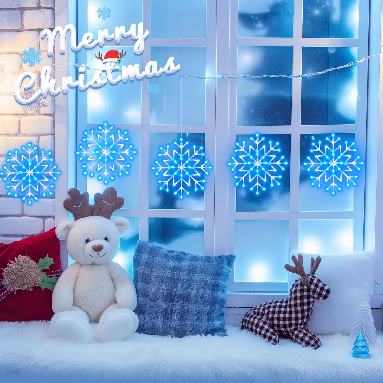 Brightown Christmas Snowflake Icicle Lights - 10.5ft 5 Drops, Blue & White, 240LED, 8 Modes, Outdoor/Indoor Decor