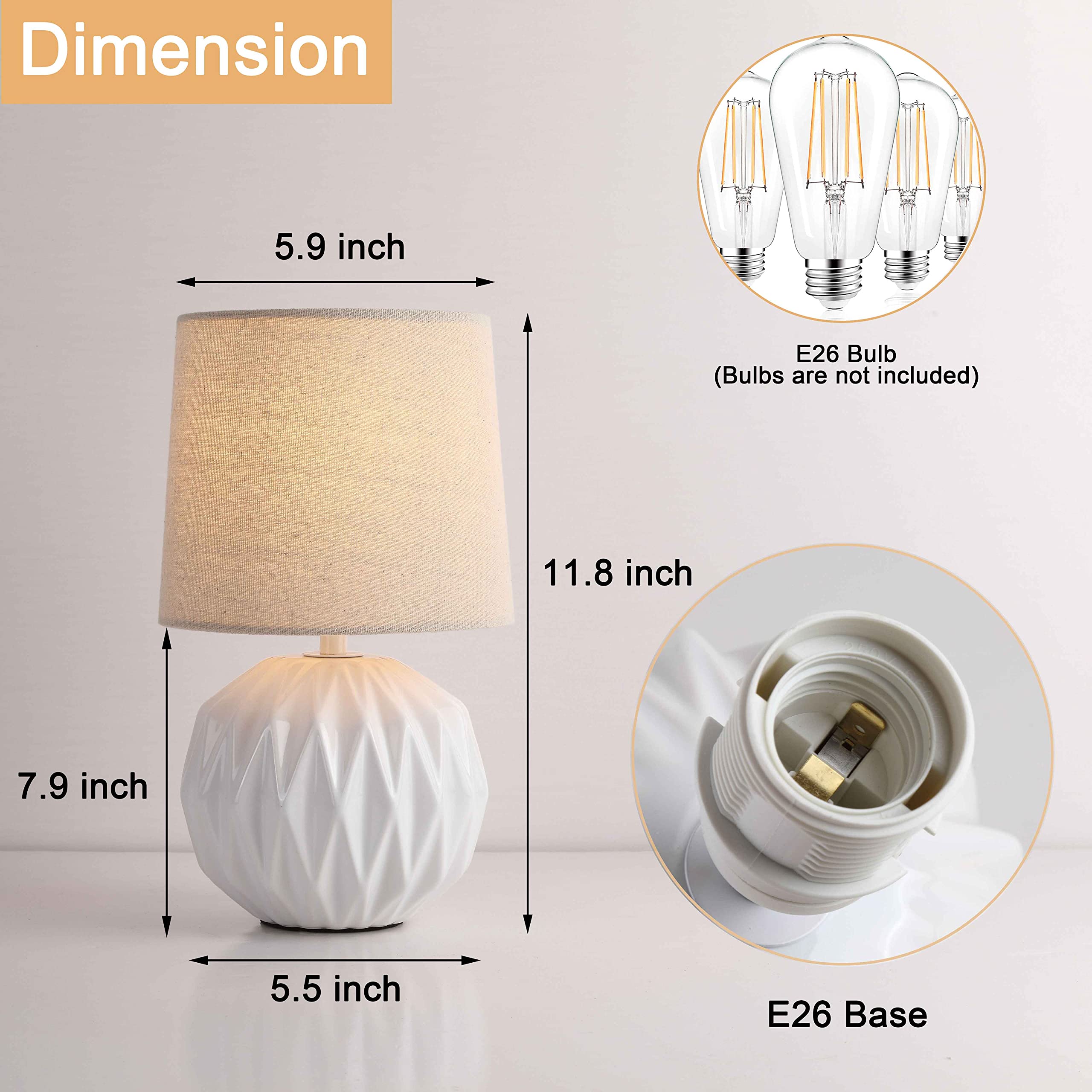 Somniferous Ceramic Bedroom Table Lamps Set Of 2, Small Bedside Lamp, White Lamp With Linen Shade, Mid Century Modern Nightstand Lamp For Bedroom Living Room Office