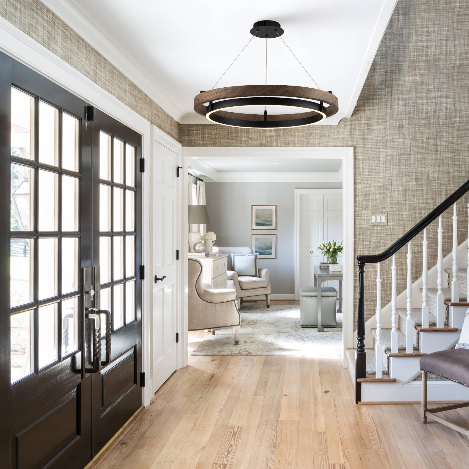 CaraLuxe LED Ring Chandelier, Dimmable 24in Black & Walnut Wood, Model CLP31B for Dining Room, Entry, Bedroom, Office, Living Room