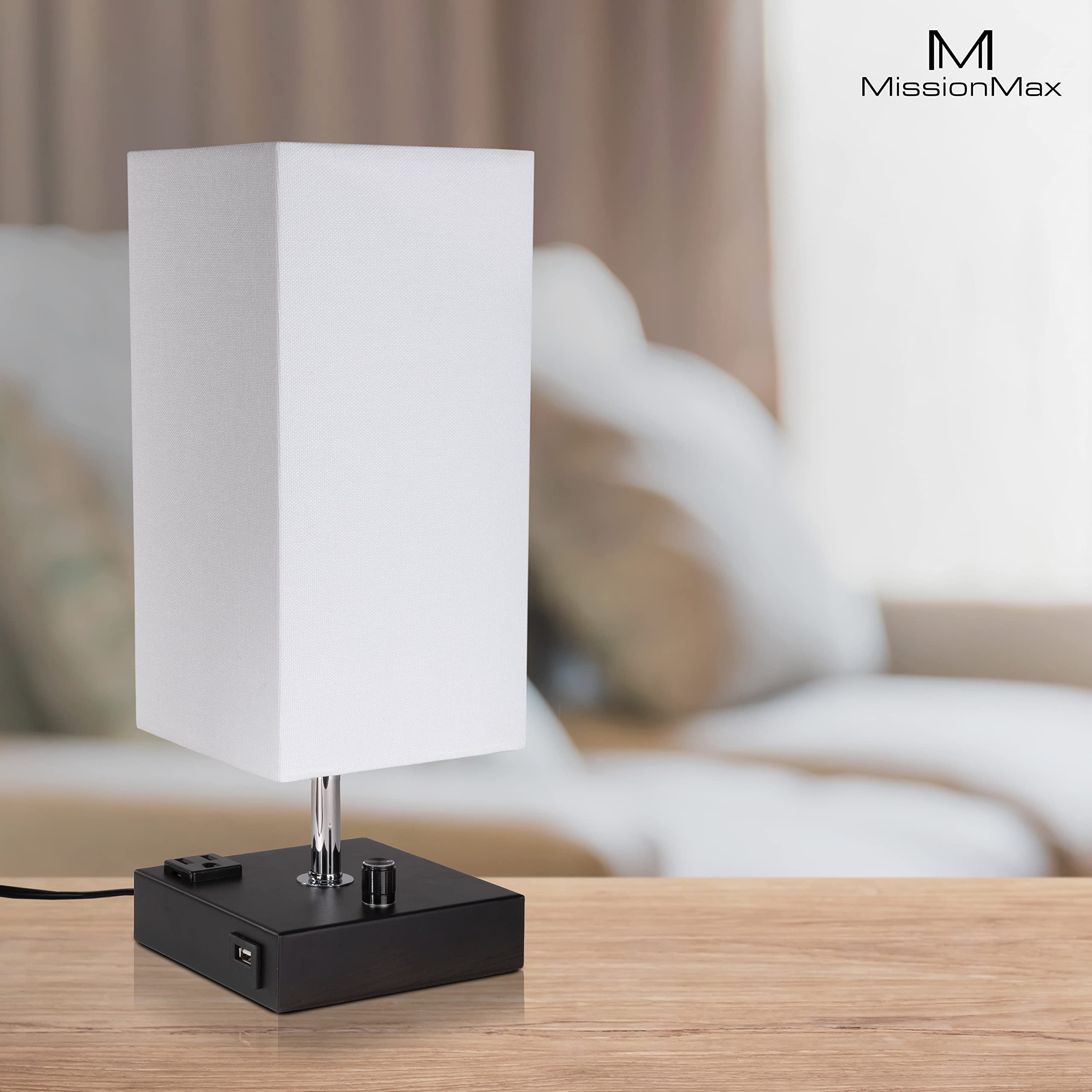 Missionmax Modern Table Lamp White Small 100% Dimmable With 2 Fast Charge Usb Ports & Grounded Outlet. Great Table Lamps For Bed