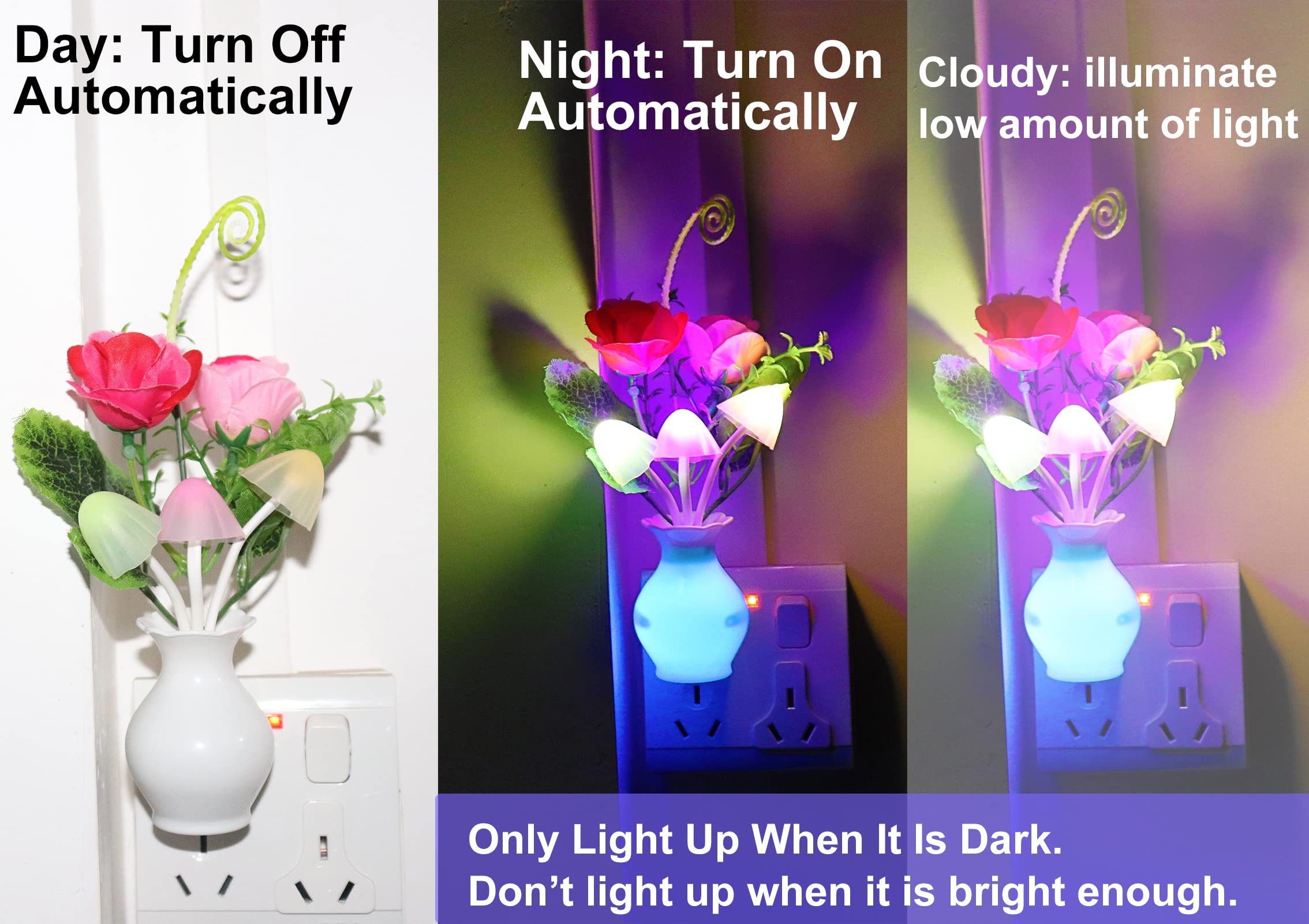 AUSAYE Sensor Night Light Plug in 3 Pack, Pink Red Rose, Plastic, Model 7384-3P, Energy Saving Lamp for Kids and mature-themeds