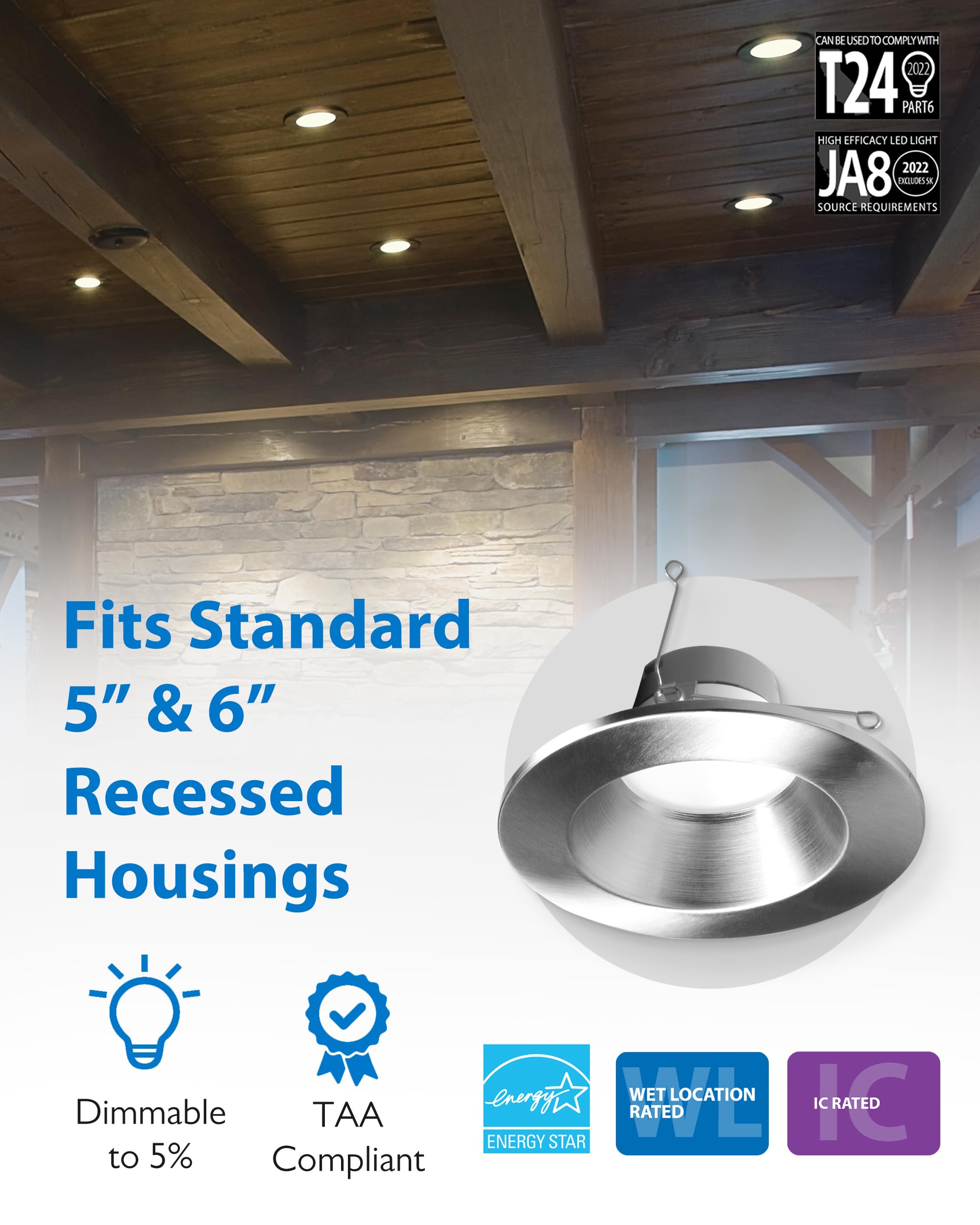 Nicor LED Recessed Ceiling Light, 5/6 Inch, Selectable CCT 2700K-5000K, 918 Lumens, Nickel, Model DLR56609120