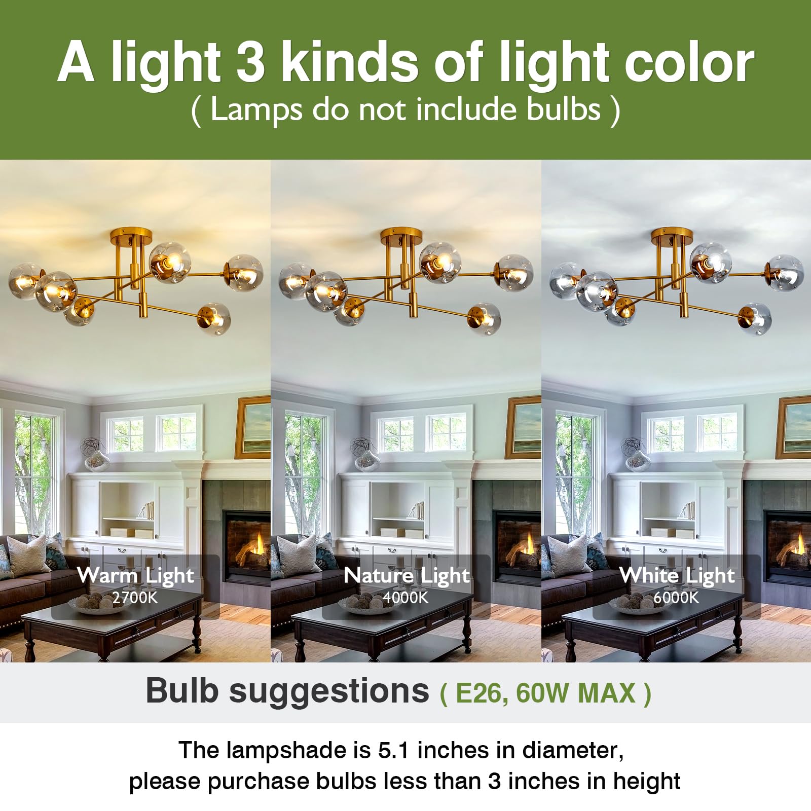 Szxykeji 6-Light Glass Globe Chandelier - Modern Flush Mount Ceiling Light For Home Decor