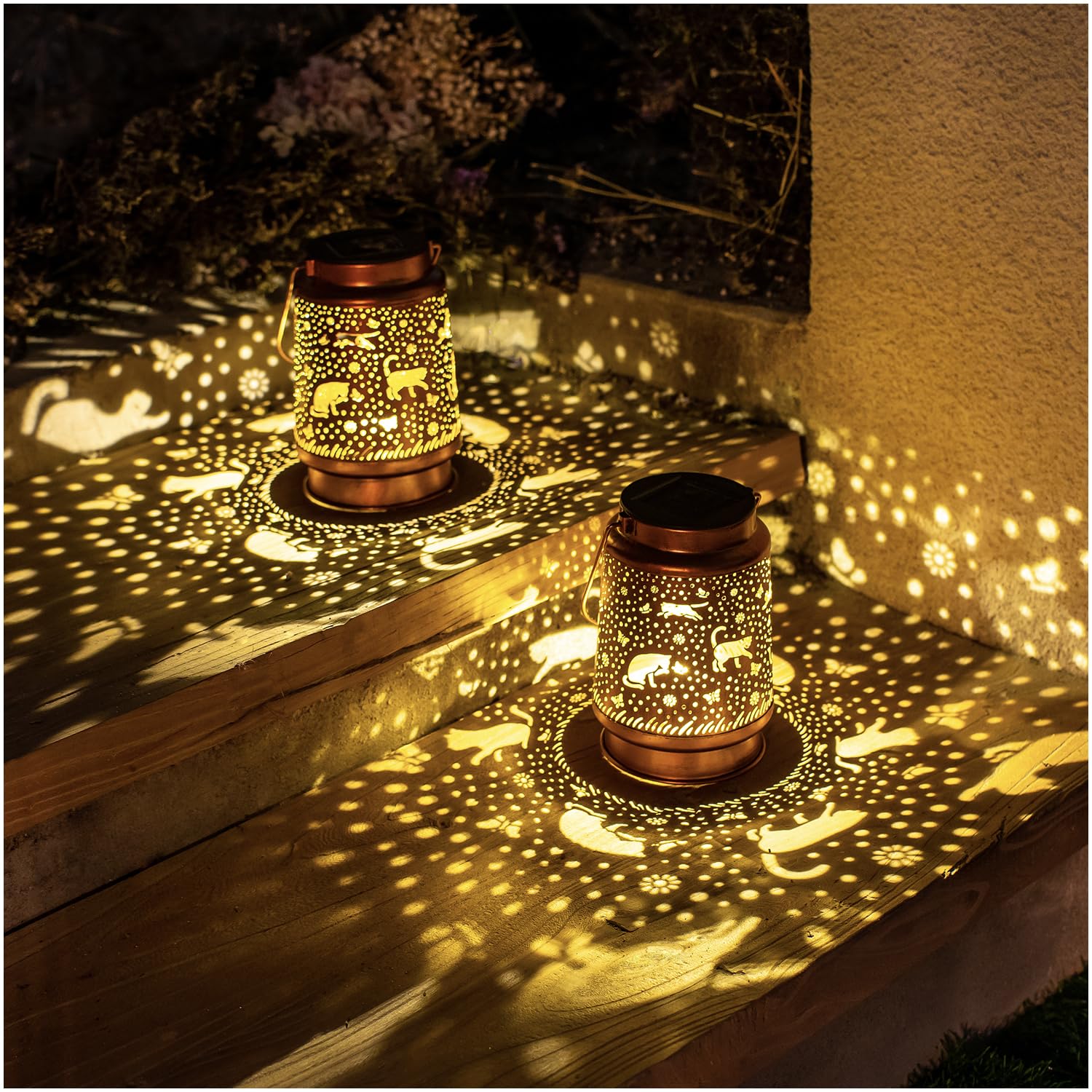 EZTZEN 2 Pack Cat Solar Lanterns, Waterproof Metal Decorative Lights for Garden, Brown, Model HW-DL-026-2pack