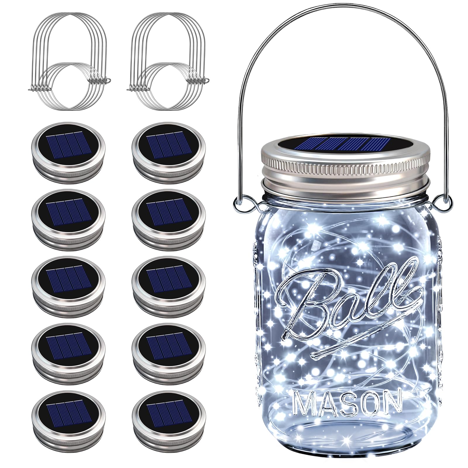 VOOKRY Solar Mason Jar Lights - 10 Pack 30 Led Solar Mason Jar Lids Outdoor Fairy Lights with 10 Hangers Waterproof for Jars DIY