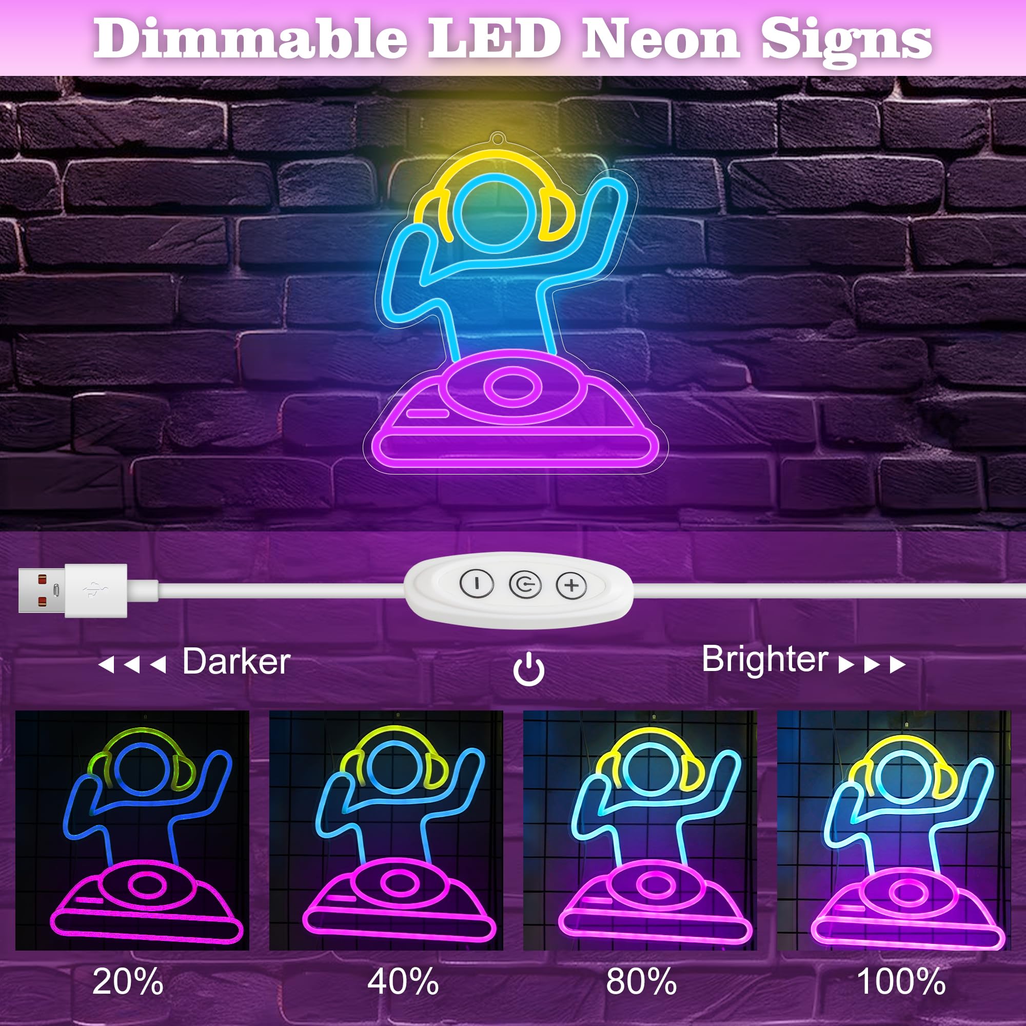 Anywin DJ Player Neon Sign - USB LED Wall Decor Light, Dimmable, 35 cm x 2 cm, Ideal for Bar, Bedroom, Gaming Room, Men Cave