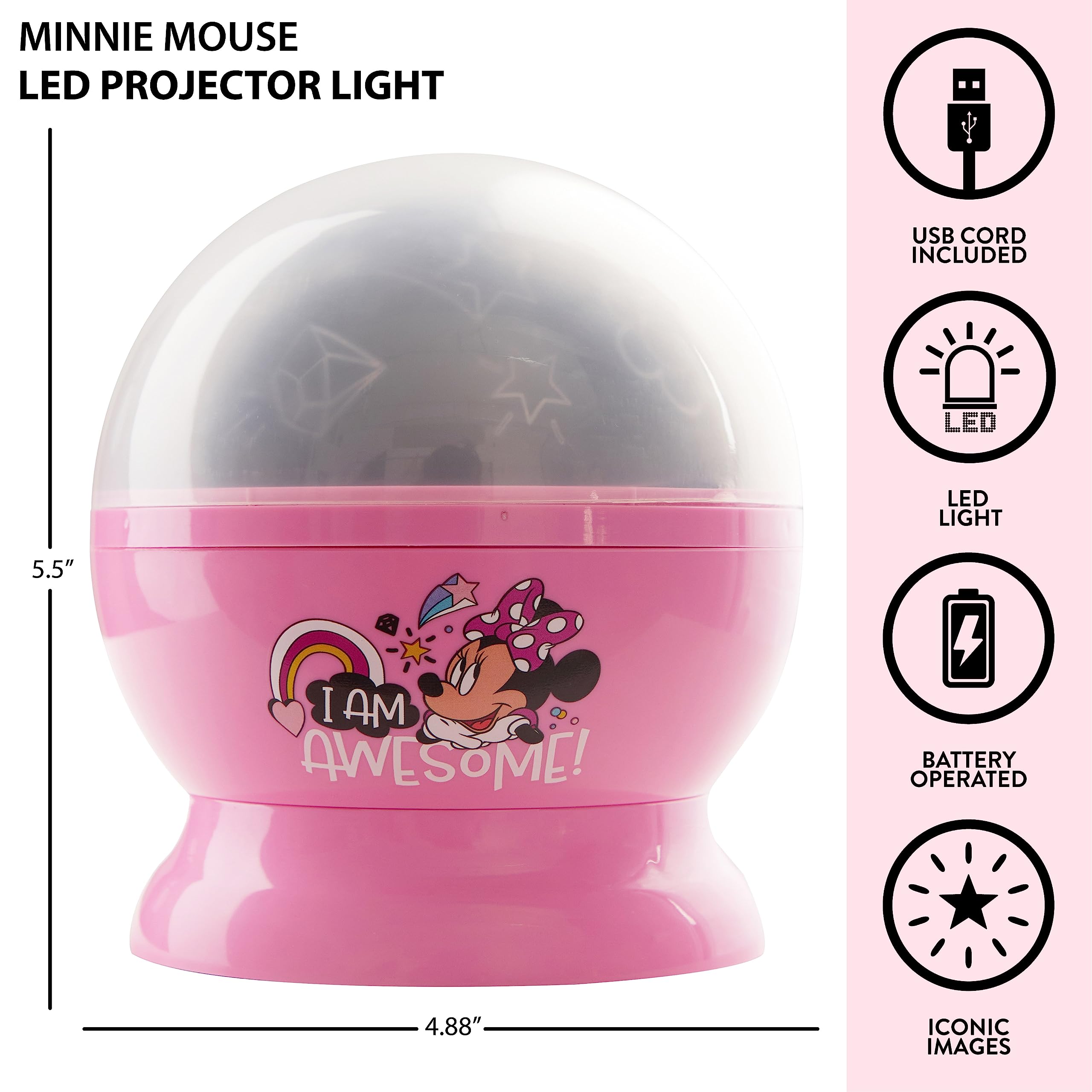 Idea Nuova Disney Minnie Mouse Kids Lamp - Rotating LED Projection Nightlight, 4.88"x4.88"x5.5", Plastic, Model K321716