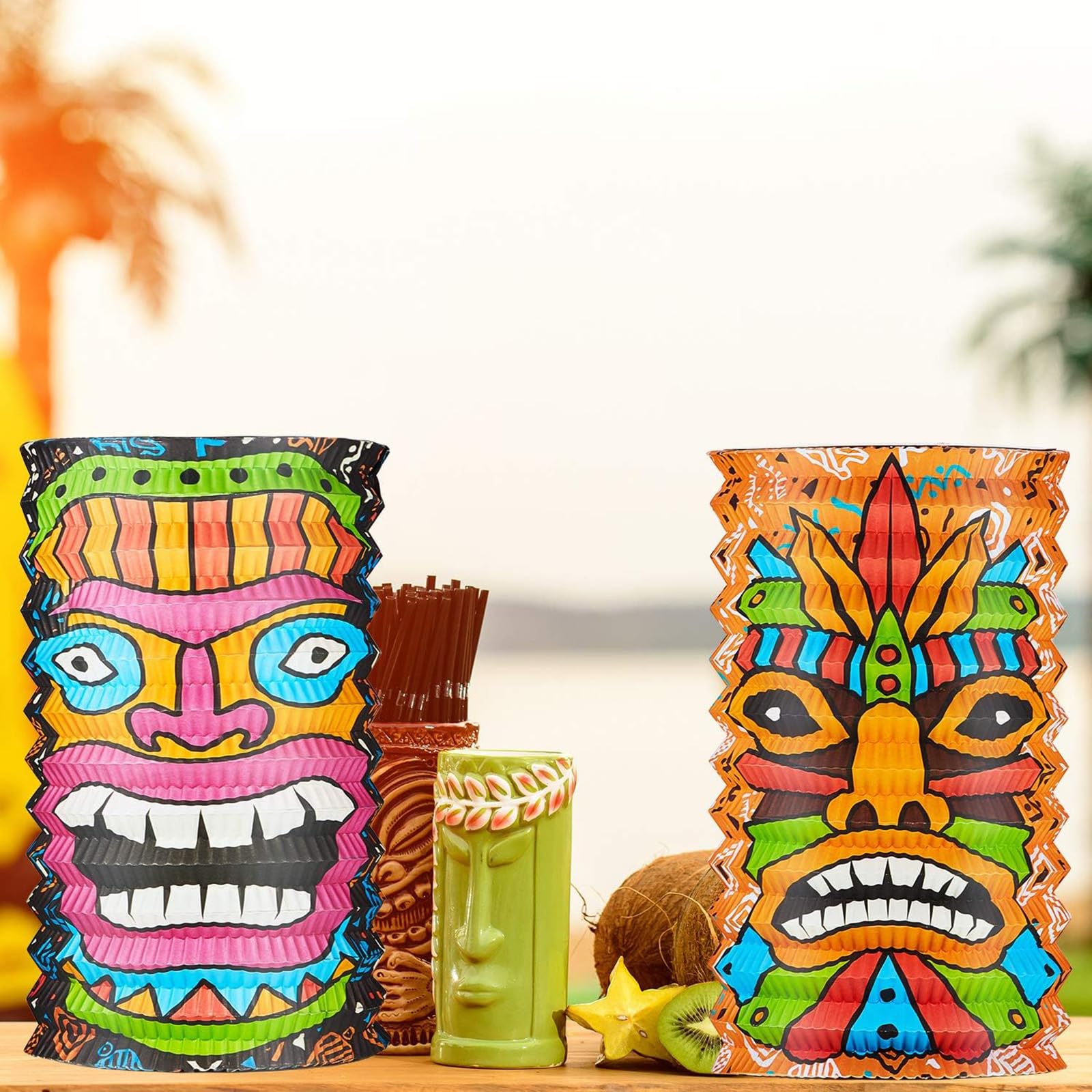 Mudder Tiki Lanterns - 10 Inch Paper Decorations for Hawaii Luau Party - Tropical Hanging Supplies