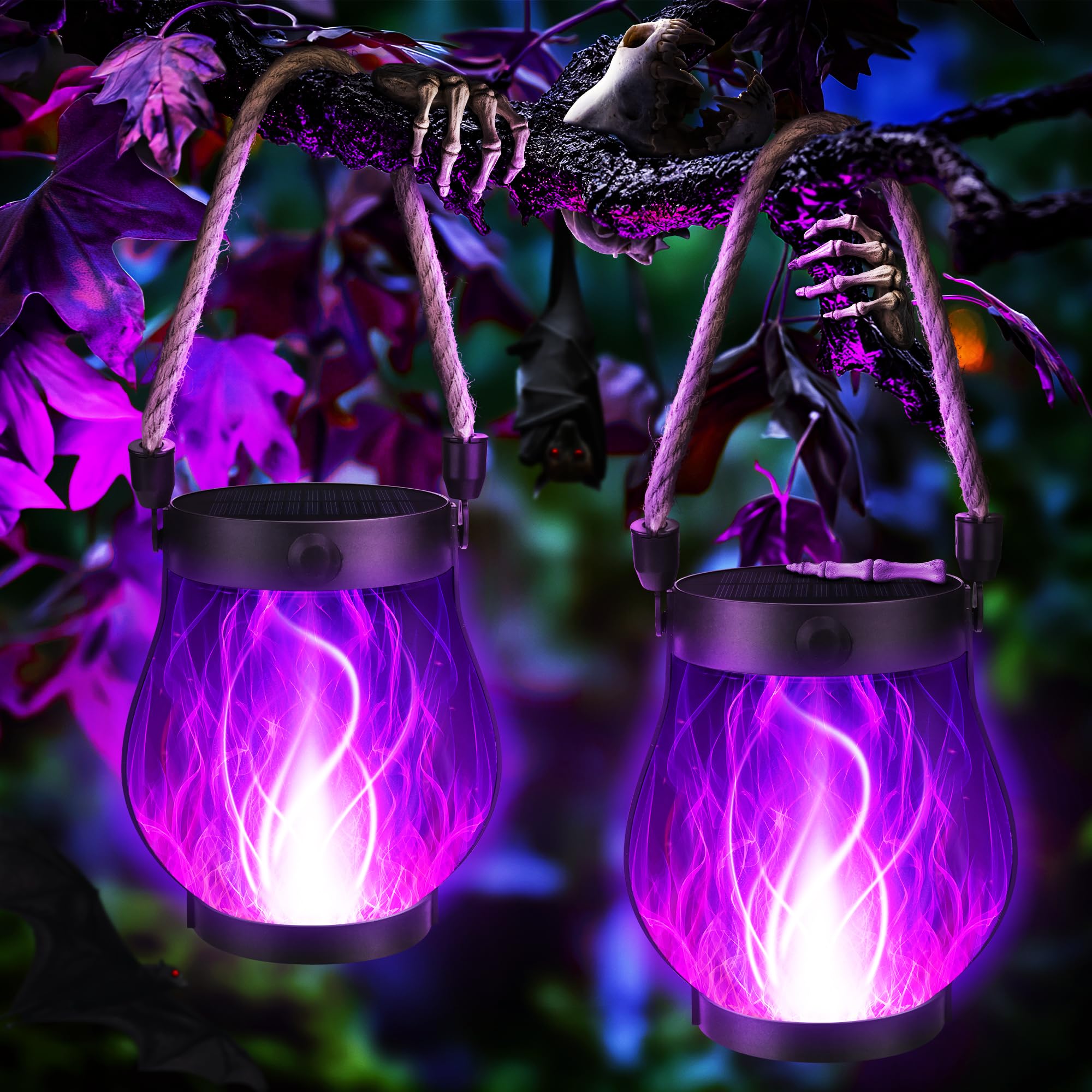 Jyoiat Solar Flame Lantern Hanging Outdoor Waterproof Purple - 2 Pack Flame Lanterns with Dual Charging Modes of Solar & USB for