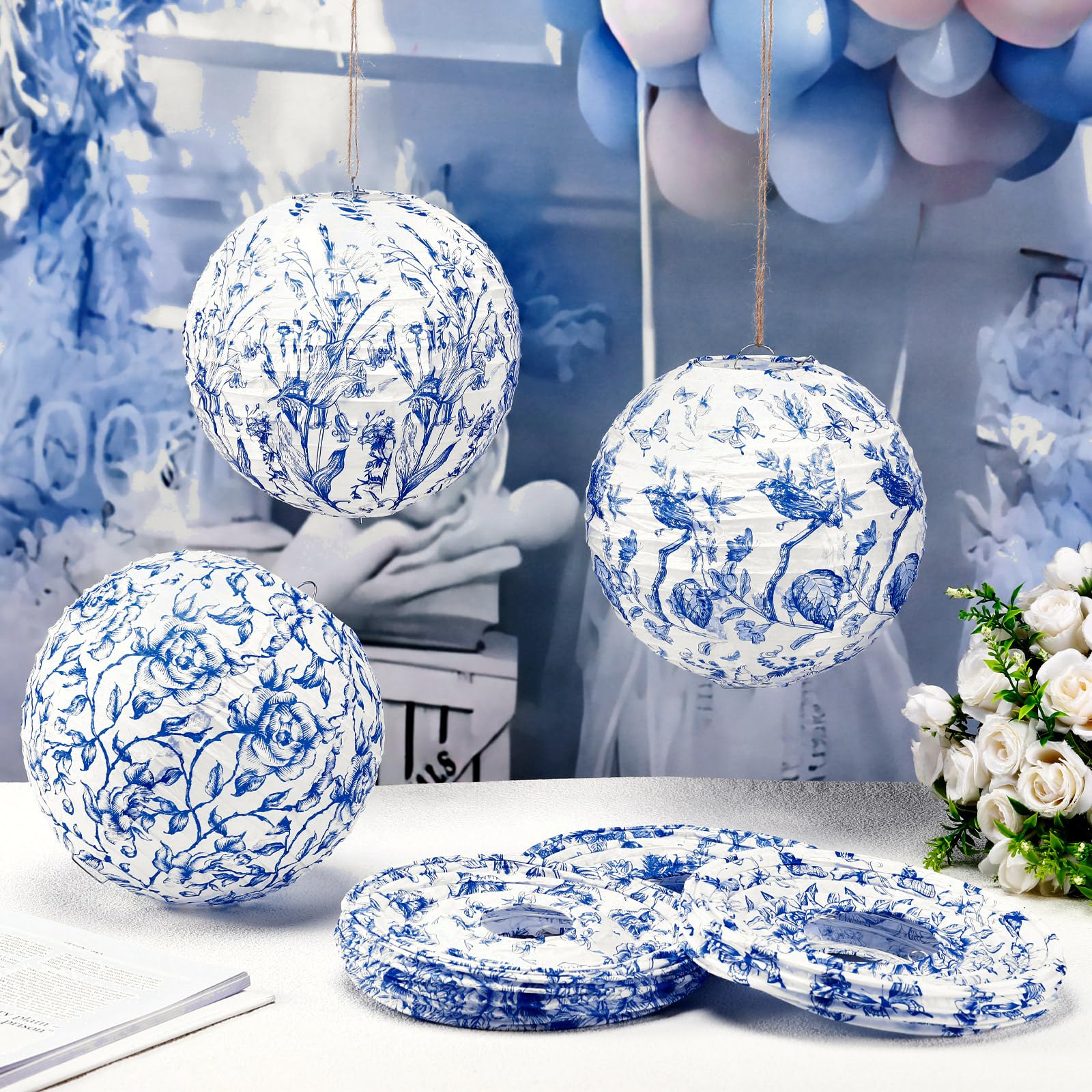 Rossesay 12 Pcs Blue And White Paper Lantern 8 Inch Chinoiserie Lanterns Blue Flower Hanging Lantern Indoor Outdoor Spring Decor