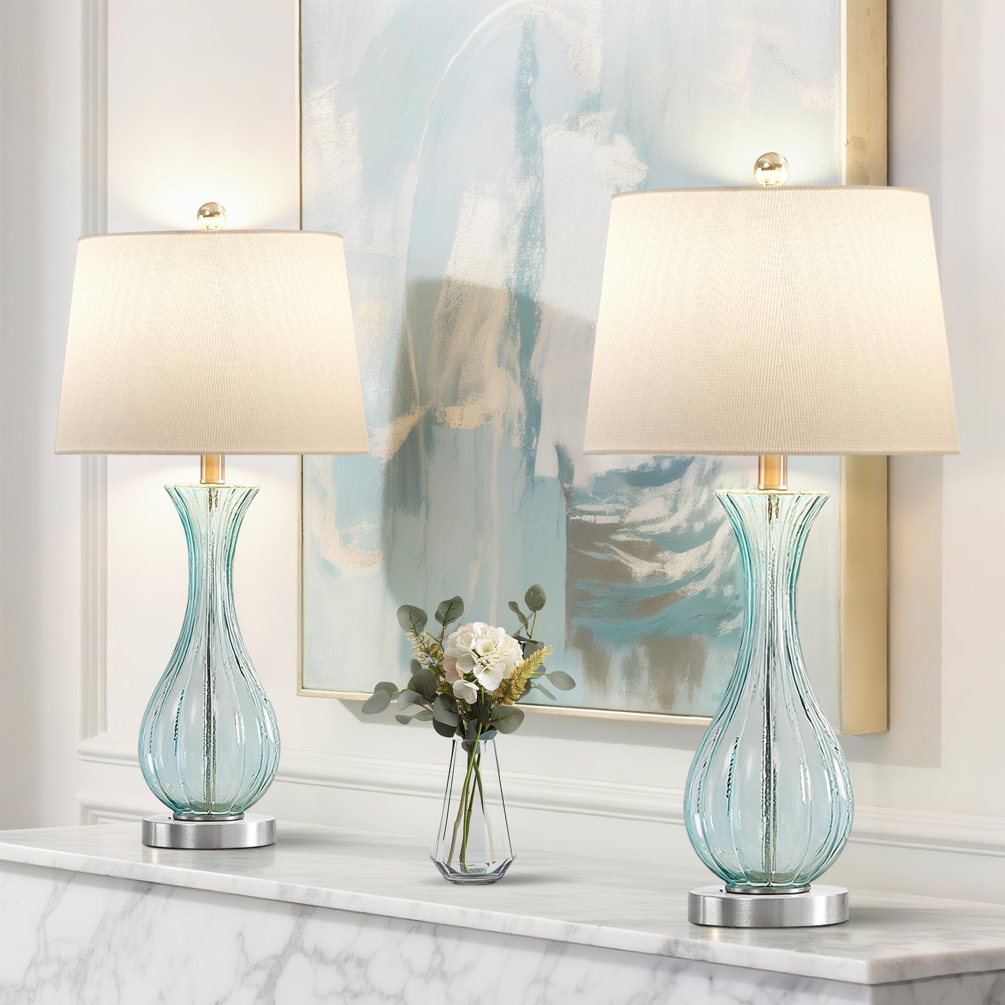 Maxax Coastal Glass Table Lamps Set of 2 for Living Room  25.5 Blue Bedside Lamps with White Shade  Modern Glass Bedroom Lamp for Nightstand
