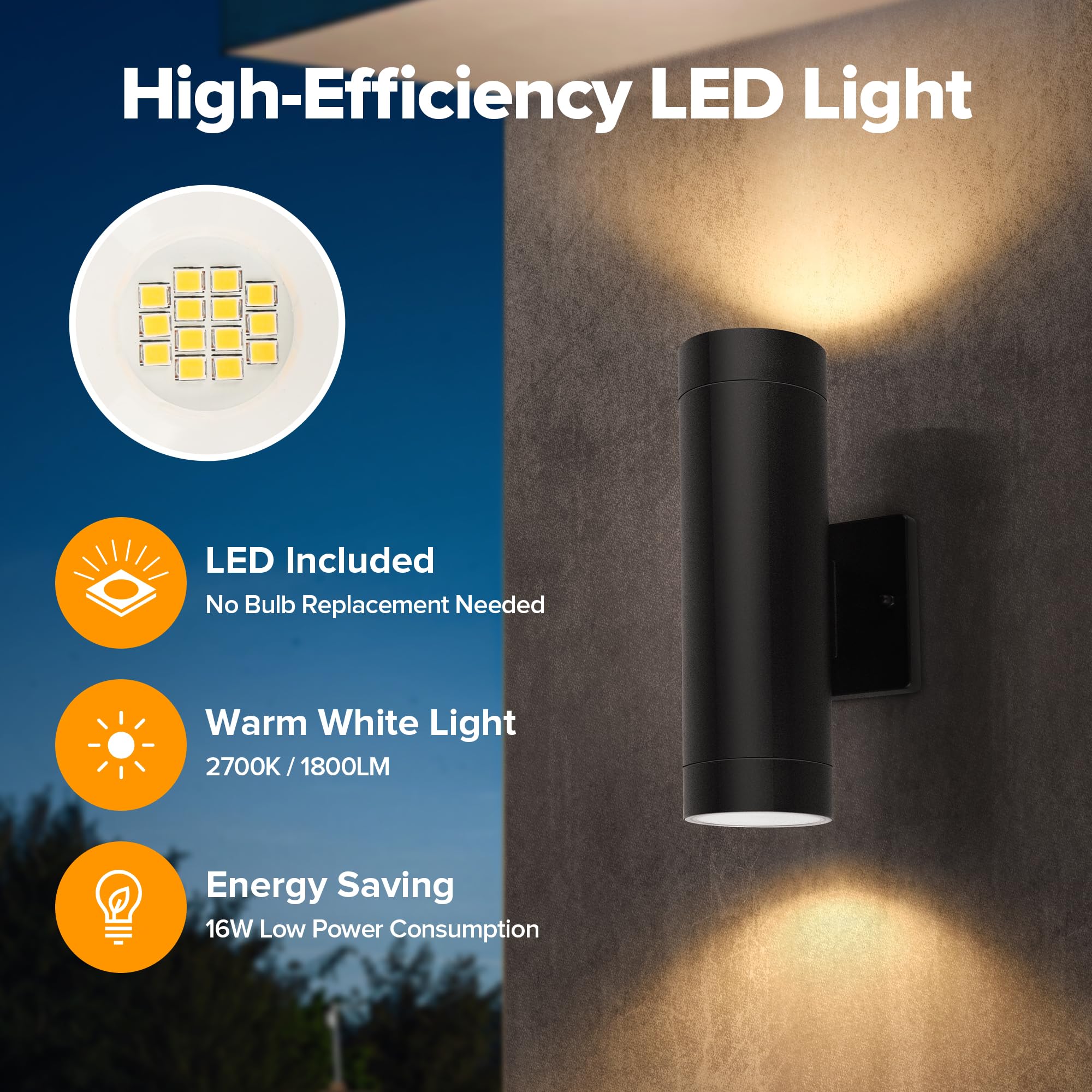 LUTEC Integrated LED Wall Light Sconce, 16W 3000K Waterproof Aluminum, Modern Black, 2 Pack
