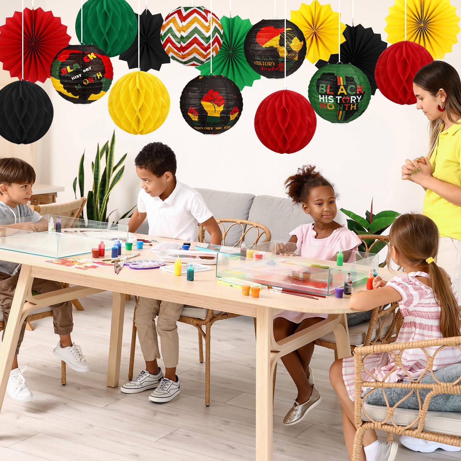 18 Pcs Black History Month Party Hanging Decoration Black Red Green Yellow Hanging Paper Lanterns Round Honeycomb Ball Paper Fan