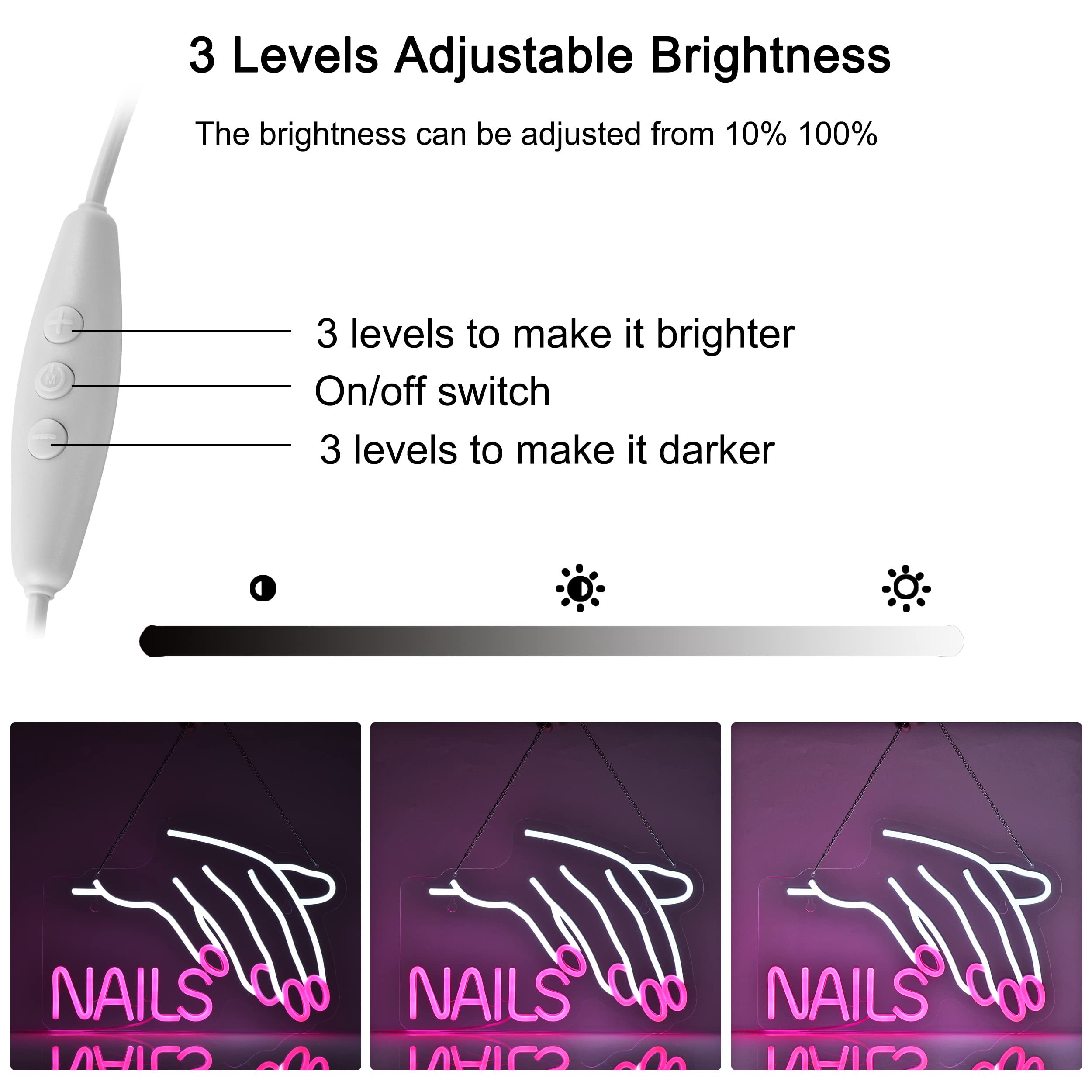 ZODZ Neon Light Sign for Nails Salon, Dimmable, USB Powered, 17x12 inches, White and Pink, Decorative Wall Decor