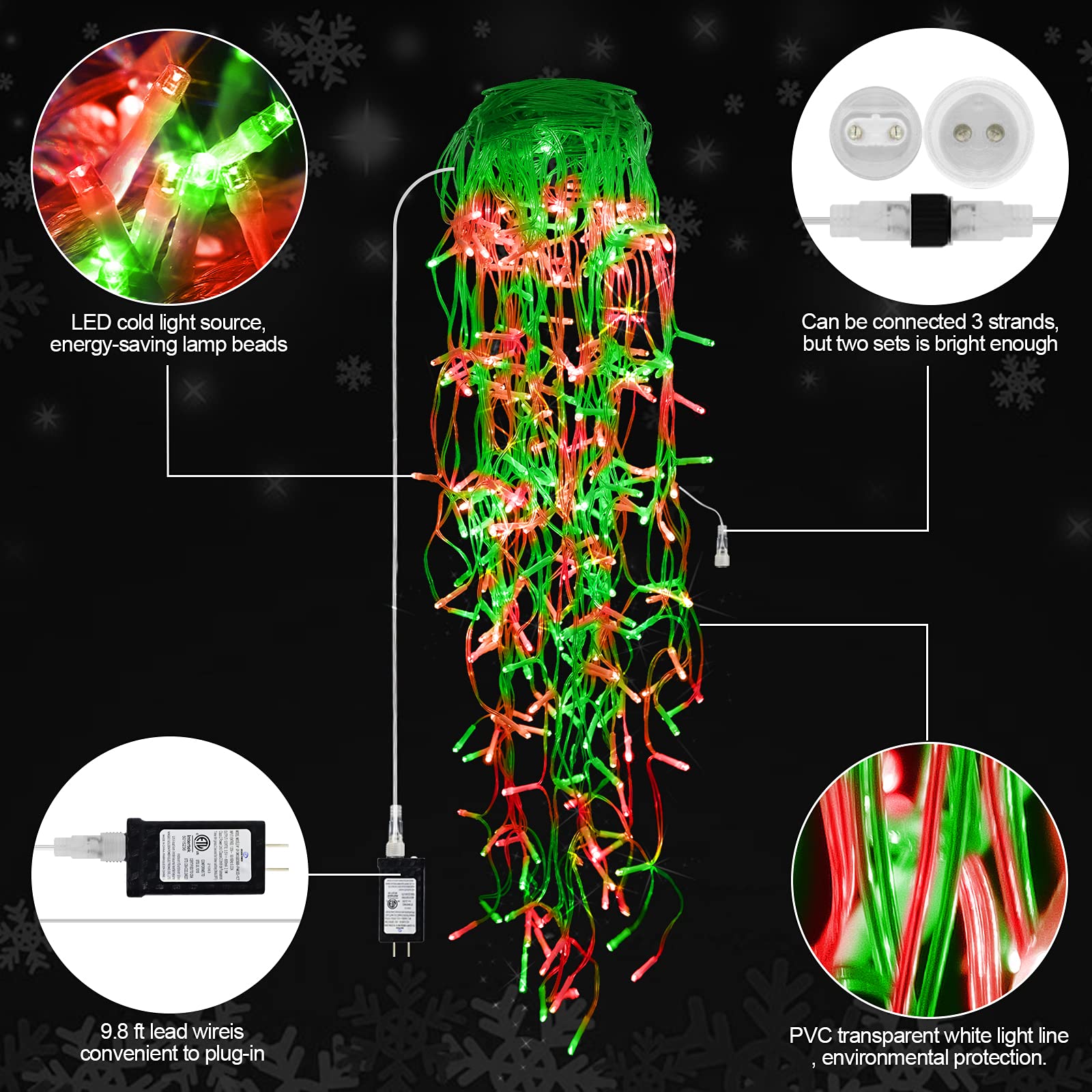 Jxledayy 65 Ft 640 Led Christmas Lights Outdoor Decorations Clear Wire String Lights Plug In 120 Drops 8 Modes Memory Timer Curt