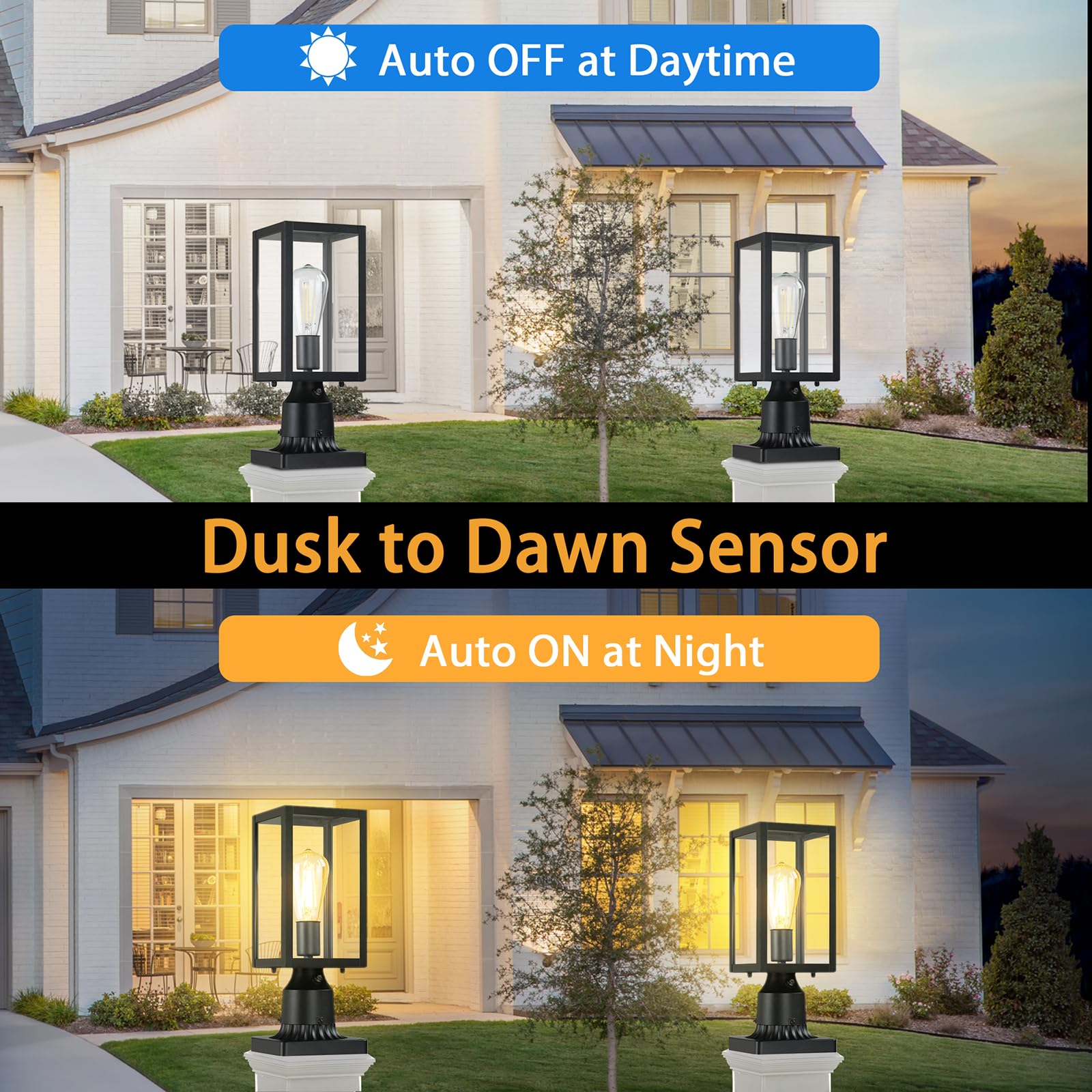MYHXQ Dusk to Dawn Outdoor Post Lights, Black Metal 2-Pack, Waterproof Lamp Fixture, Model WL305B, Clear Glass for Garden Patio