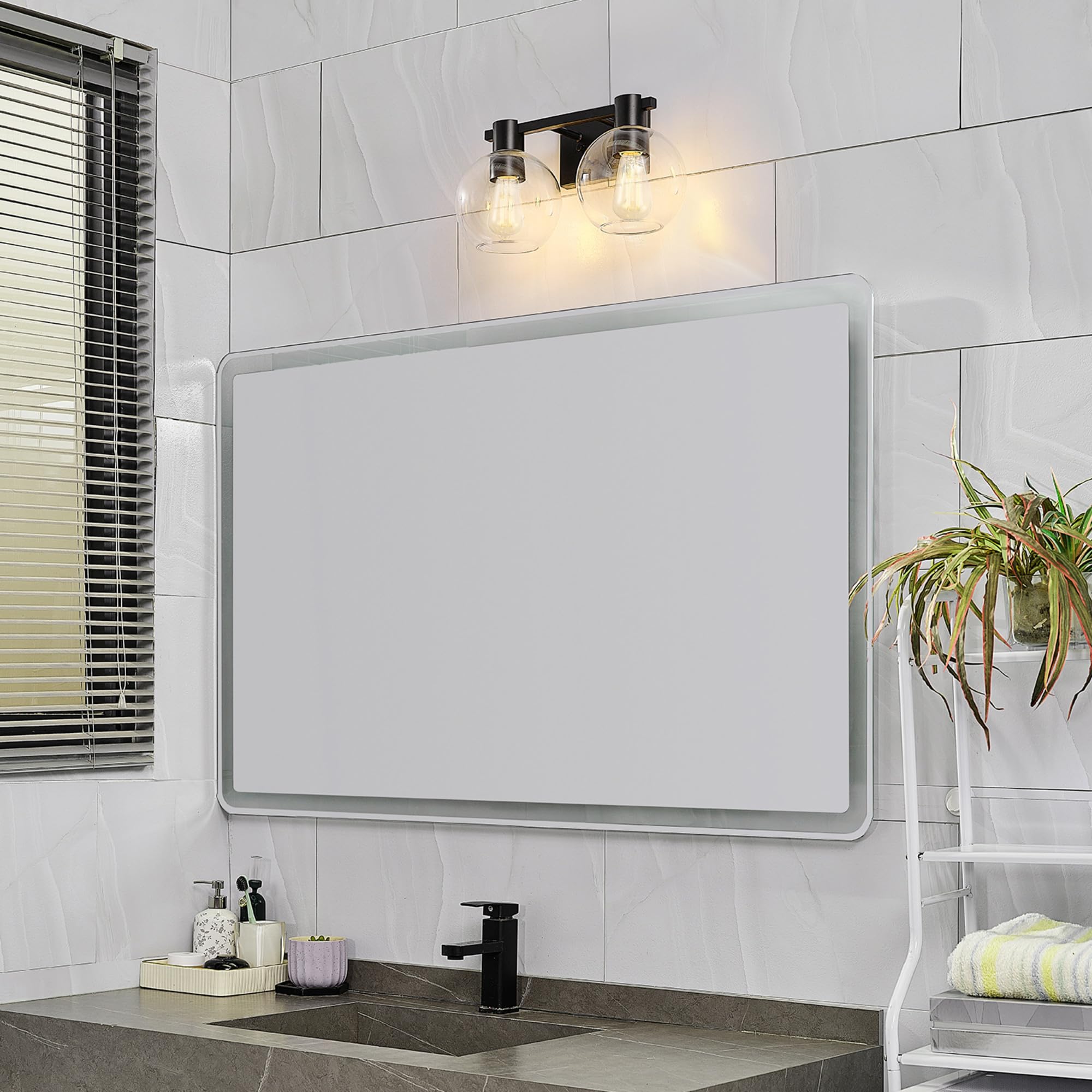 Globe Electric 63000057 3-Piece All-In-One Bathroom Accessory Set, Matte Black, 15'' 2-Light Vanity Light, Clear Glass Shades, T