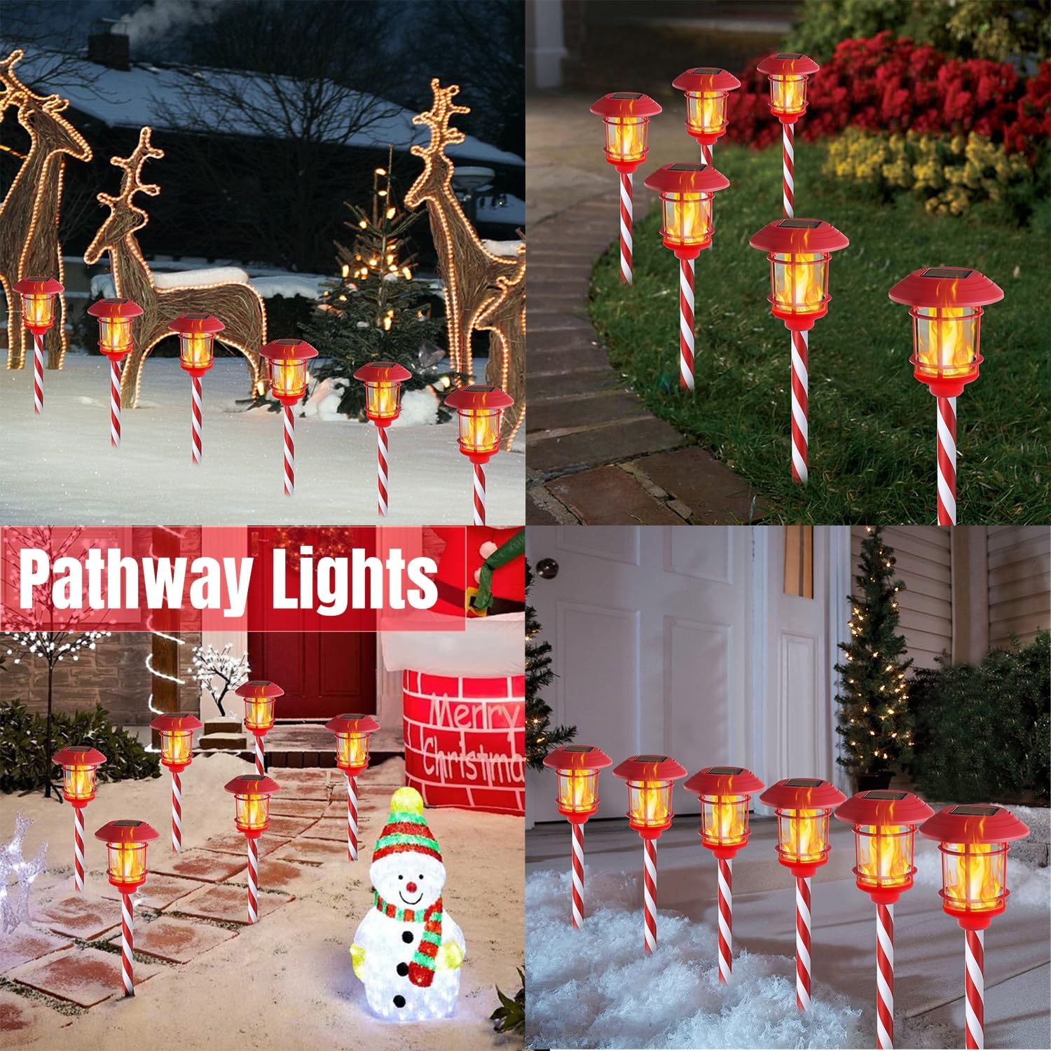 Dynaming 6 Pack Christmas Solar Flame Garden Lights Outdoor, Dual Use Flickering Flame Torch Candy Cane Pathway Marker, Xmas Han