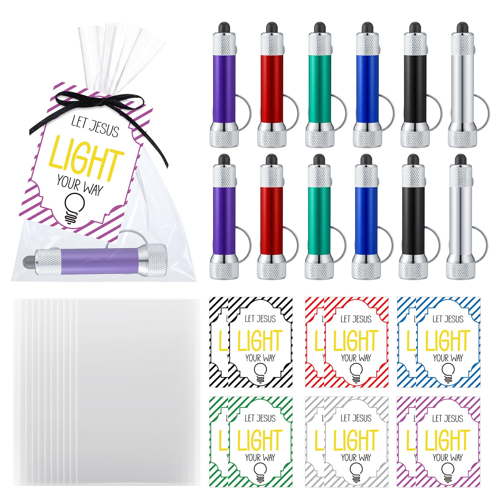 Tujoe 36 Pcs/12 Set Christian Gifts Bulk Let Jesus Light Your Way Flashlights Set 12 LED Lights 12 Bible Verse Cards 12 Bags for Religious Church Vbs Gift