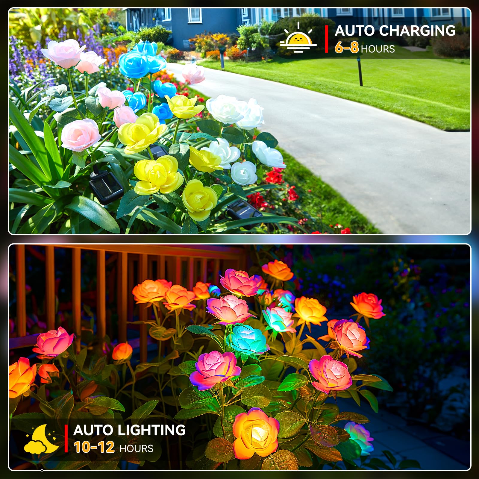 WdtPro Solar Garden Lights - 8 Pack Waterproof Color Changing Rose Flowers - Multicolor