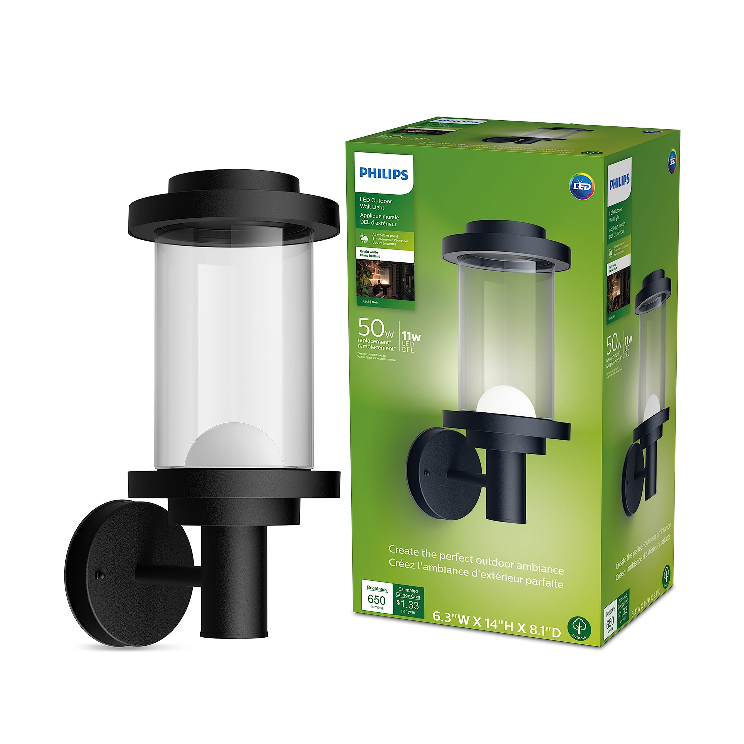 PHILIPS LED Round Up Outdoor Wall Lantern 1-Pack Bright White (3000K) 650 Lumen (11W = 50W) Weather Resistant