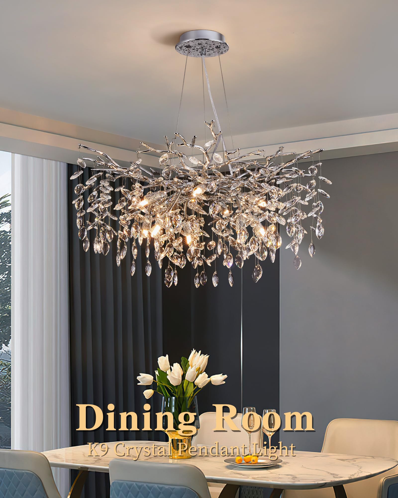 Modern Tree Branch Crystal Chandelier Luxury Silver Crystal Pendant Lighting 30'' Contemporary 10-Light Chandeliers For Dining R