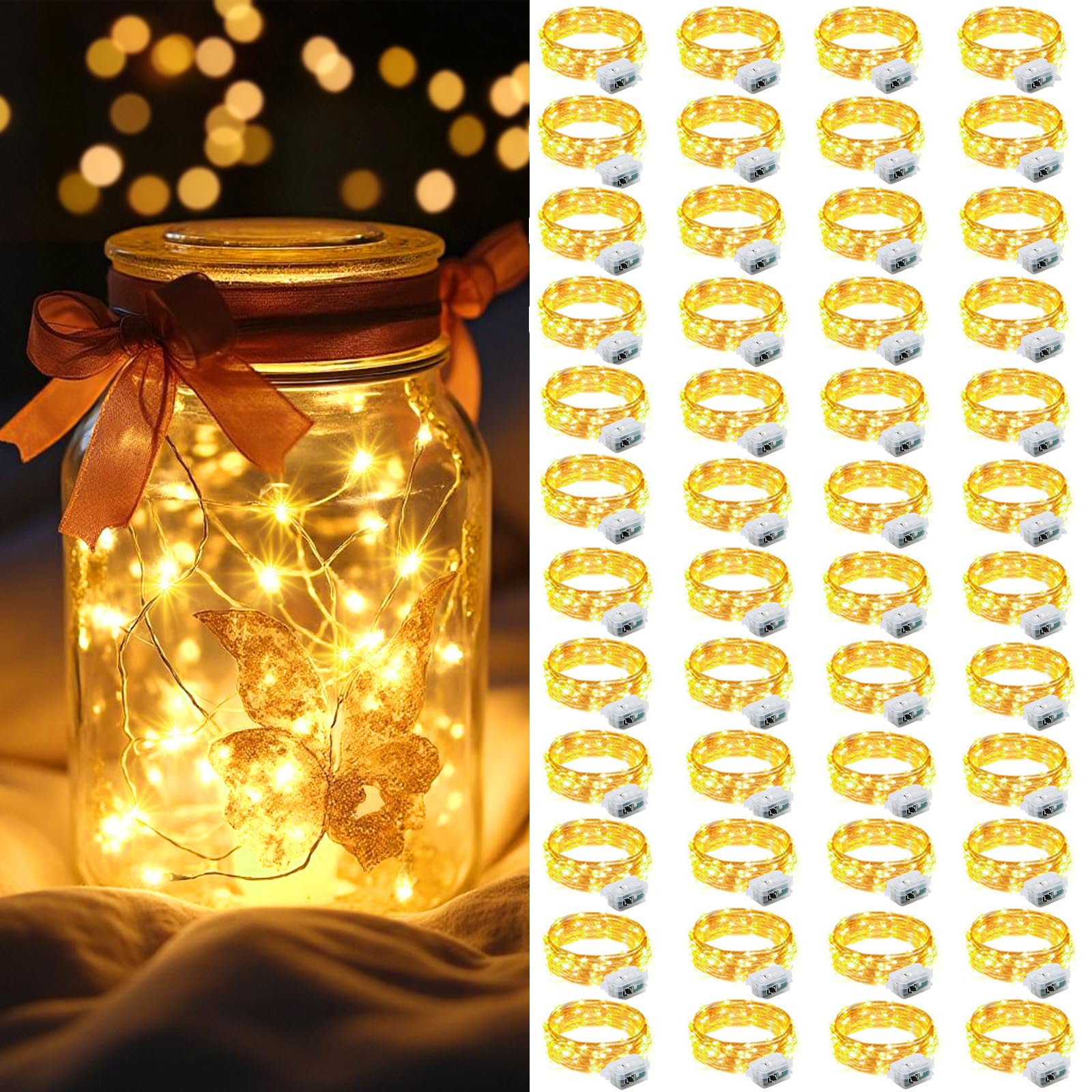 AIKEI 48 Pack LED Fairy Lights Battery Operated  String Lights Waterproof 7 Feet 20 Led Firefly Starry Lamps for Wedding Party Bedroom Garden Christmas Decoration (Warm White  48 Pack)