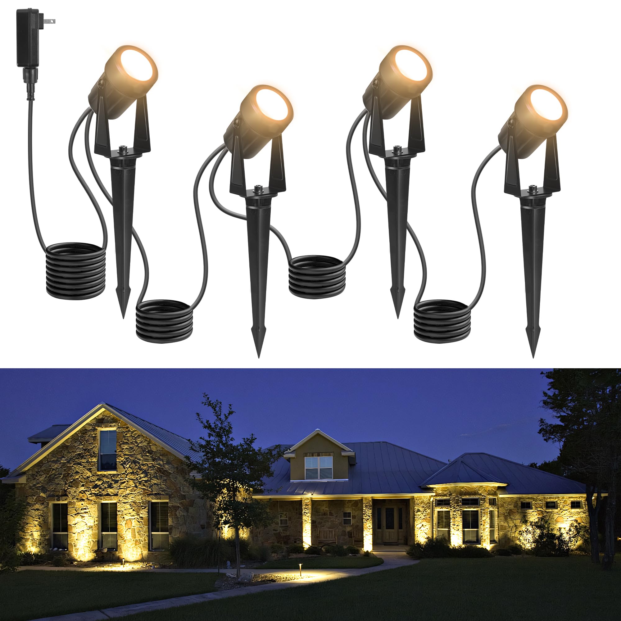 Outdoor Landscape Lighting Waterproof with 45.9FT Cable & built-in LED Light, Low Voltage 12W 1200LM Plug in Electric LED Spot L