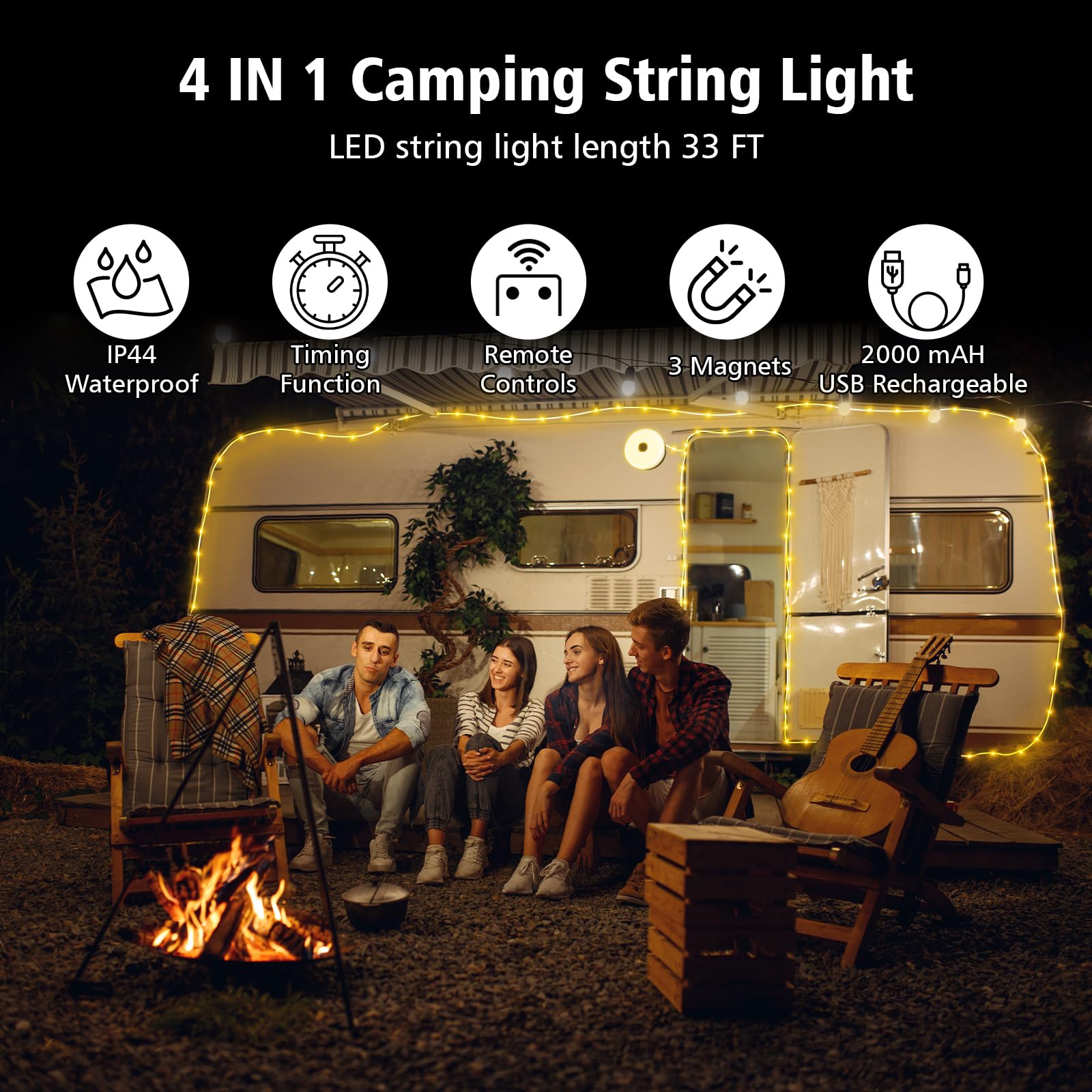 MGYIF Camping String Lights, 33ft Rechargeable 100 LED, Waterproof, 14 Lighting Modes, Remote Control, 1 Pack