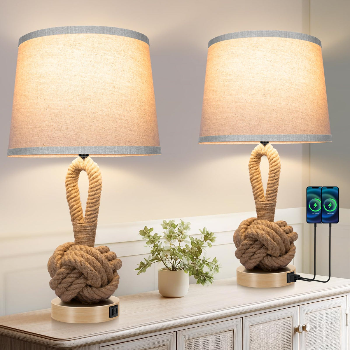 Cotton Rope Table Lamp Vallerico 22in Rope Table Lamps Set of 2, Boho Design, USB Ports, Hemp ...