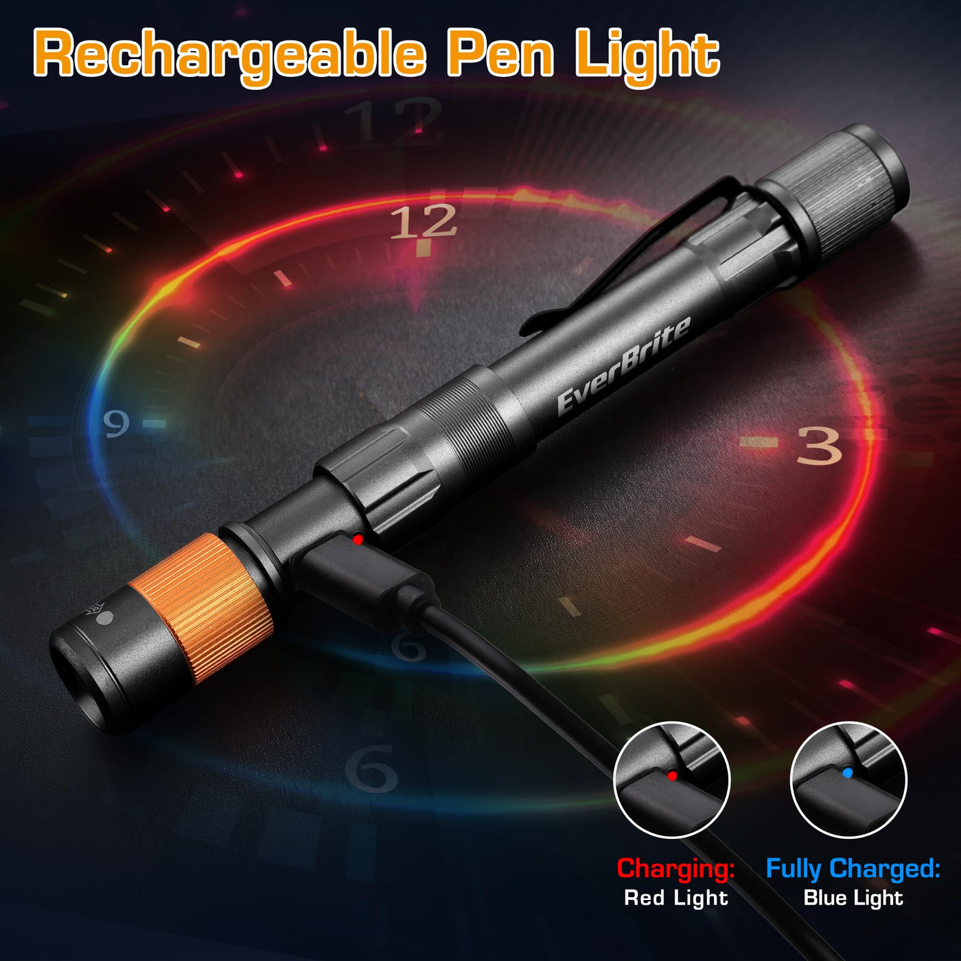 300 lumen flashlight rechargeable EverBrite Rechargeable Pen Light, 300 Lumens Edc Flashlight, Zoomable, LED Pocket Flashlight With Clip For Camping, Emergency. Black