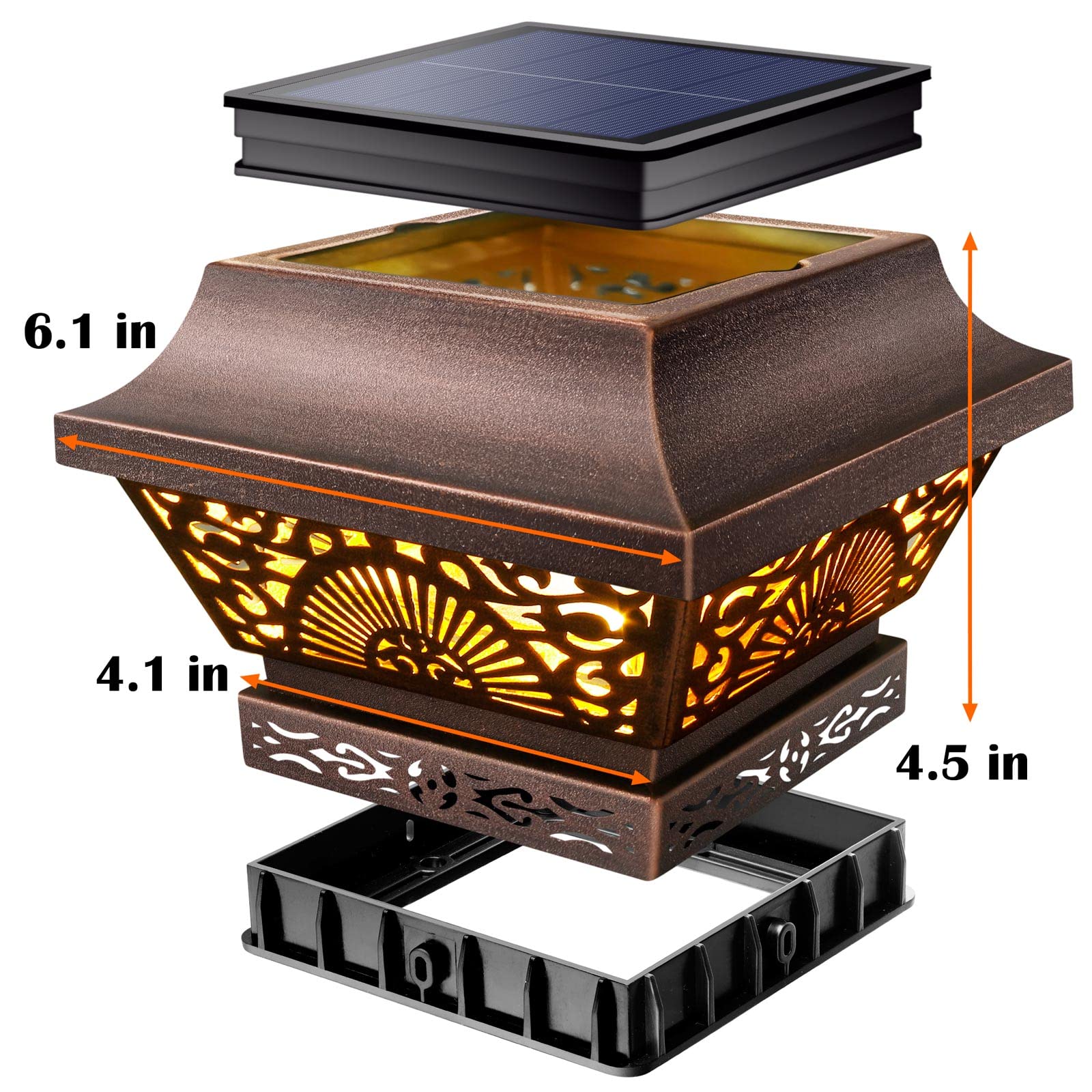 DenicMic Solar Post Lights - 2 Pack Copper Metal 25 Lumen LED for 3.5x3.5, 4x4, 5x5 Wooden Fence Posts & Deck