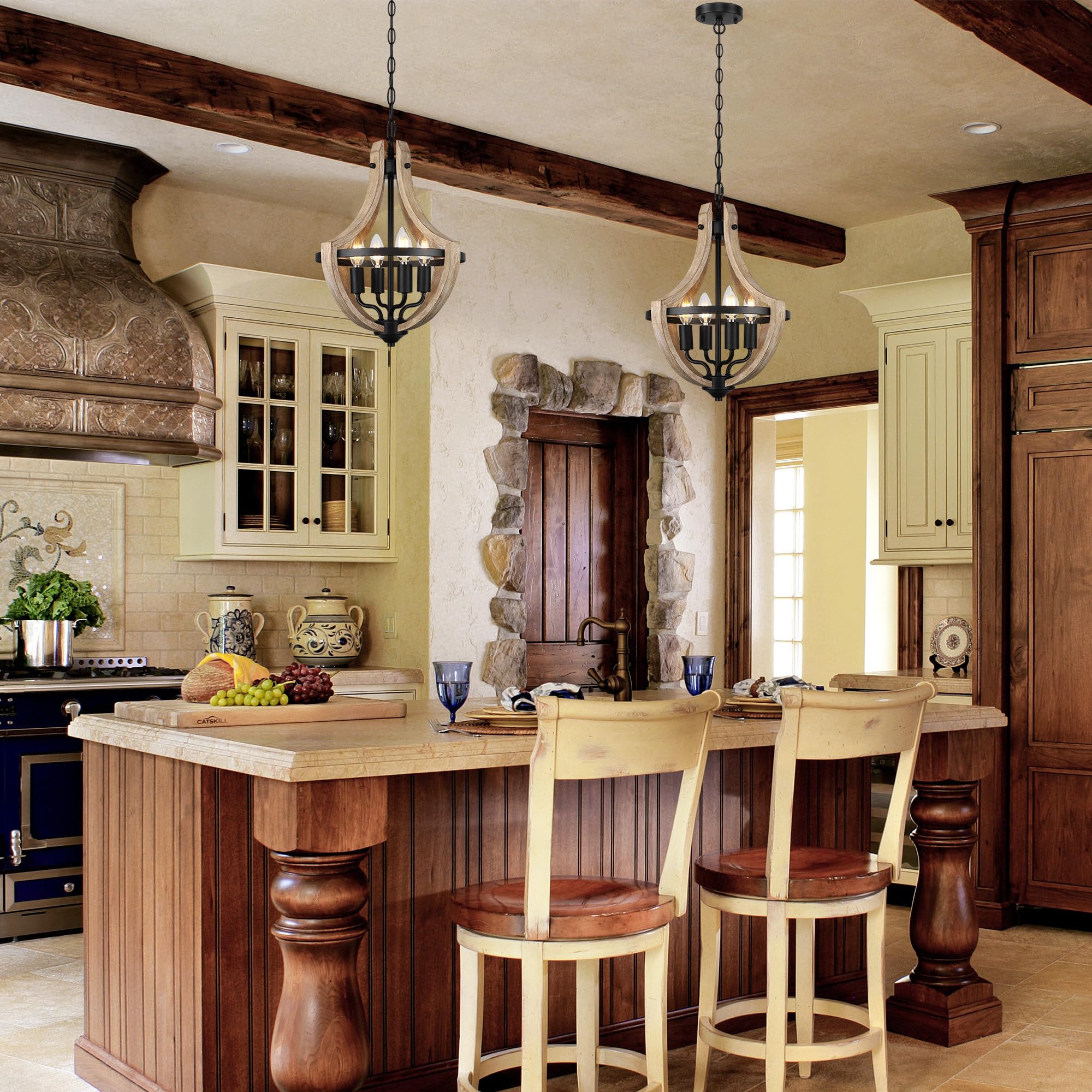 4-Light Farmhouse Dining Room Light Fixture, Adjustable Height Hanging Wood Vintage Pendant Lights For Kitchen Island Hallway Fo