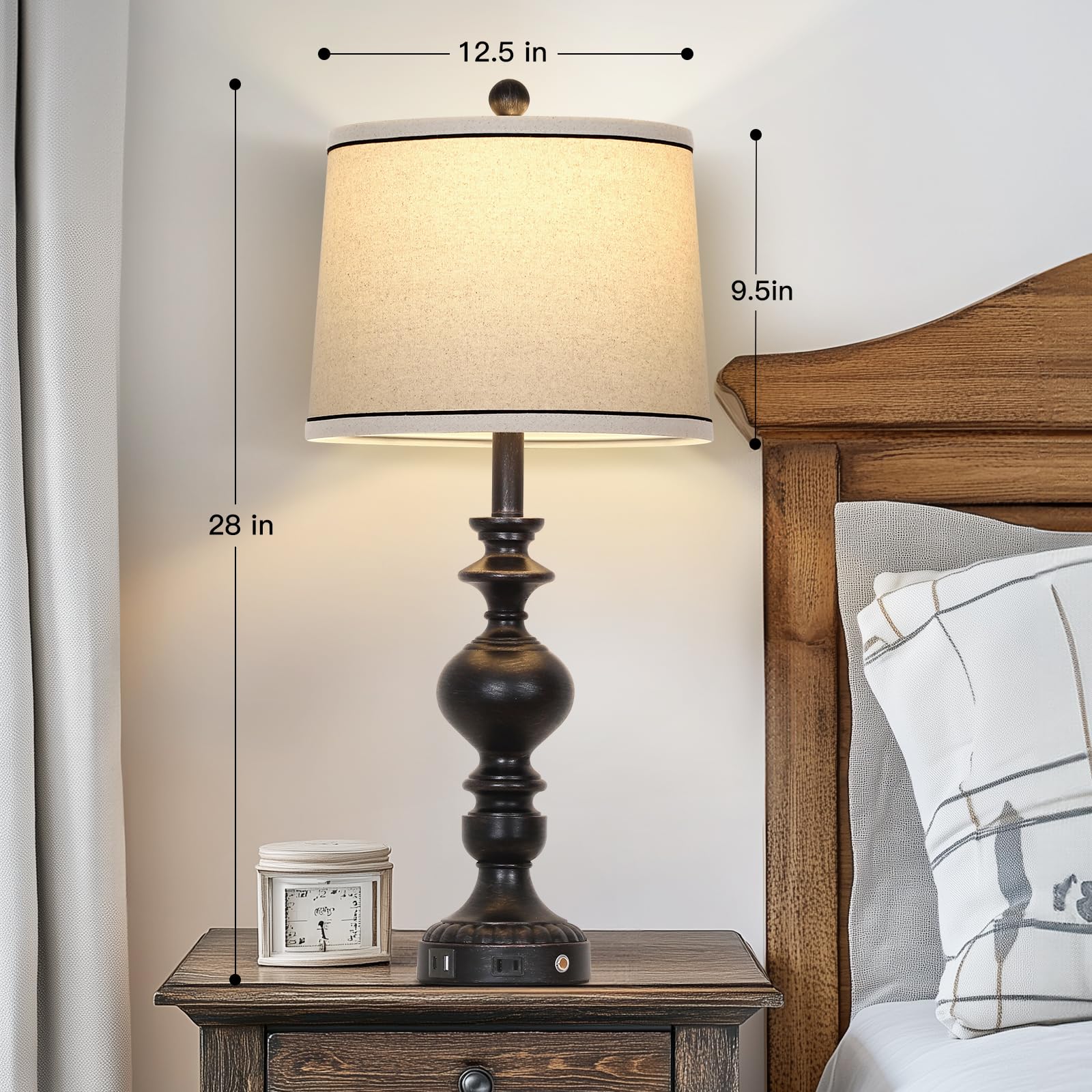 28'' Black Farmhouse Table Lamps Set Of 2, Rustic Lamp For Living Room With Usb C+A Ports & Ac Outlet, 3 Way Touch Control Resin