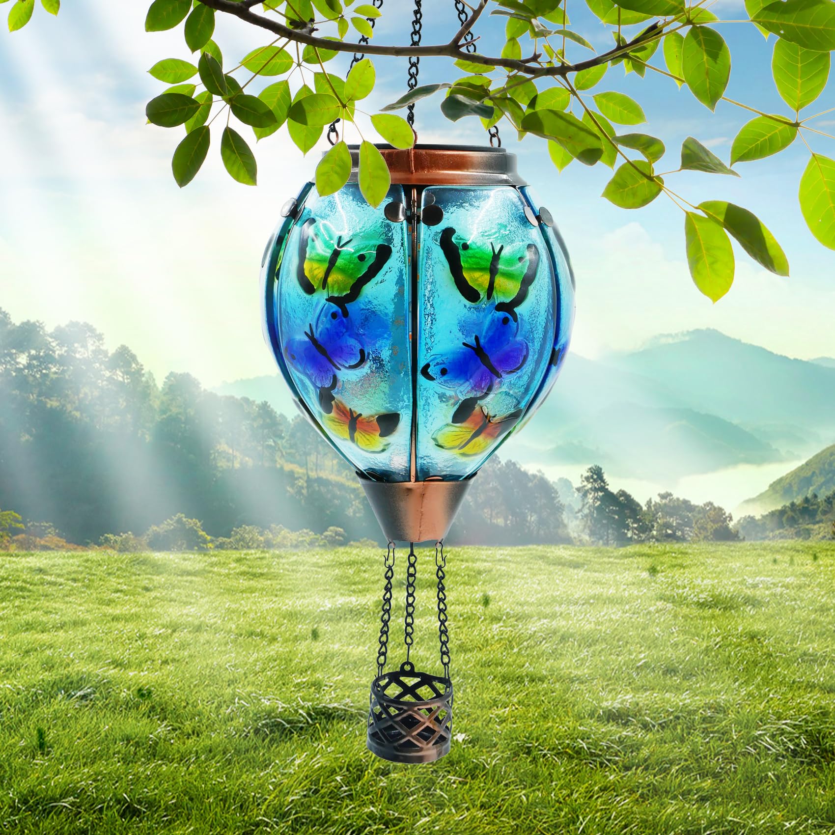teyigarden Solar Lantern Glass Hot Air Balloon Waterproof Outdoor Garden Light Butterfly