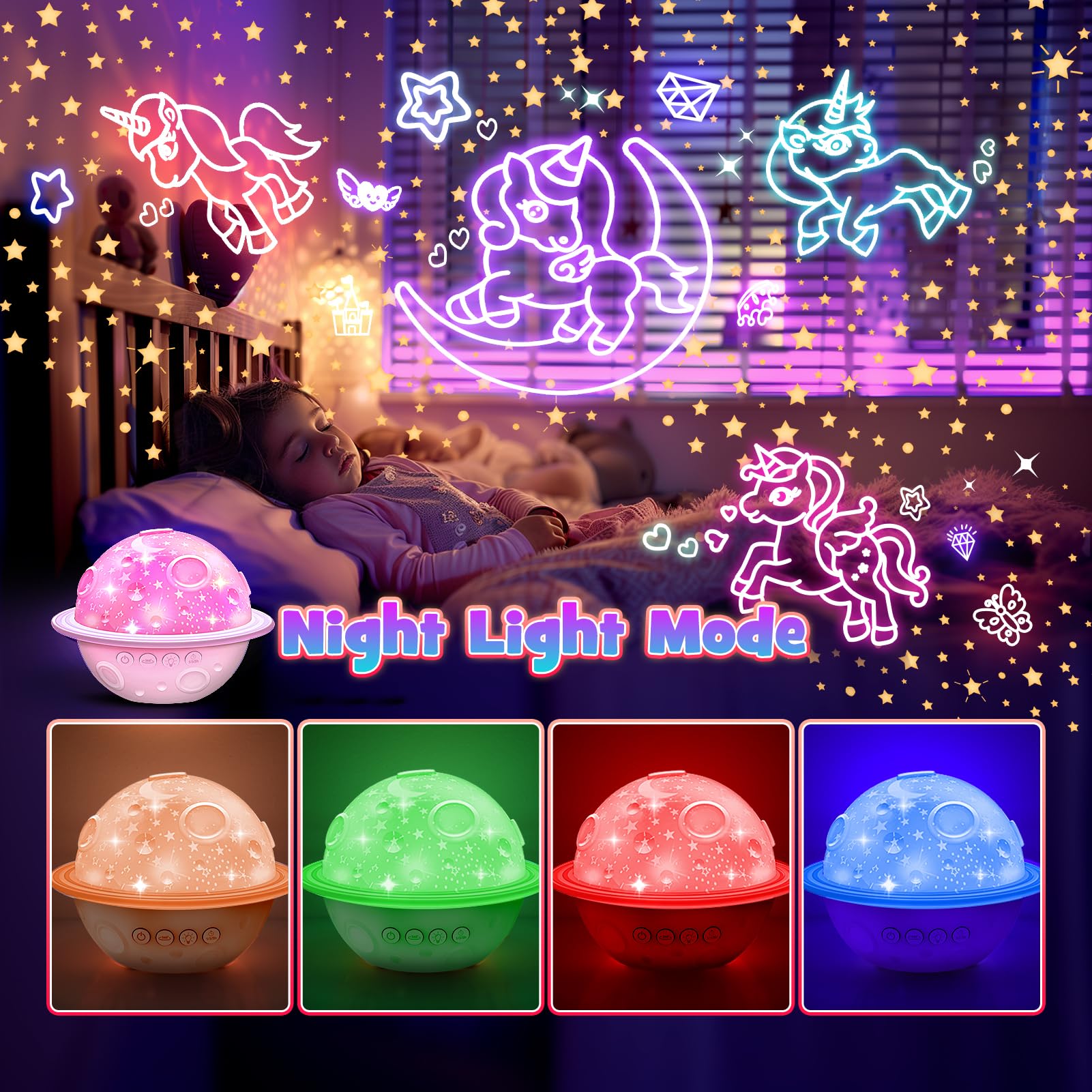DEVRNEZ Unicorn Night Light Projector, 4-in-1 Star Projector Toys, Pink, Model 006, for Kids Ages 3-12, ABS Material, 360° Rot
