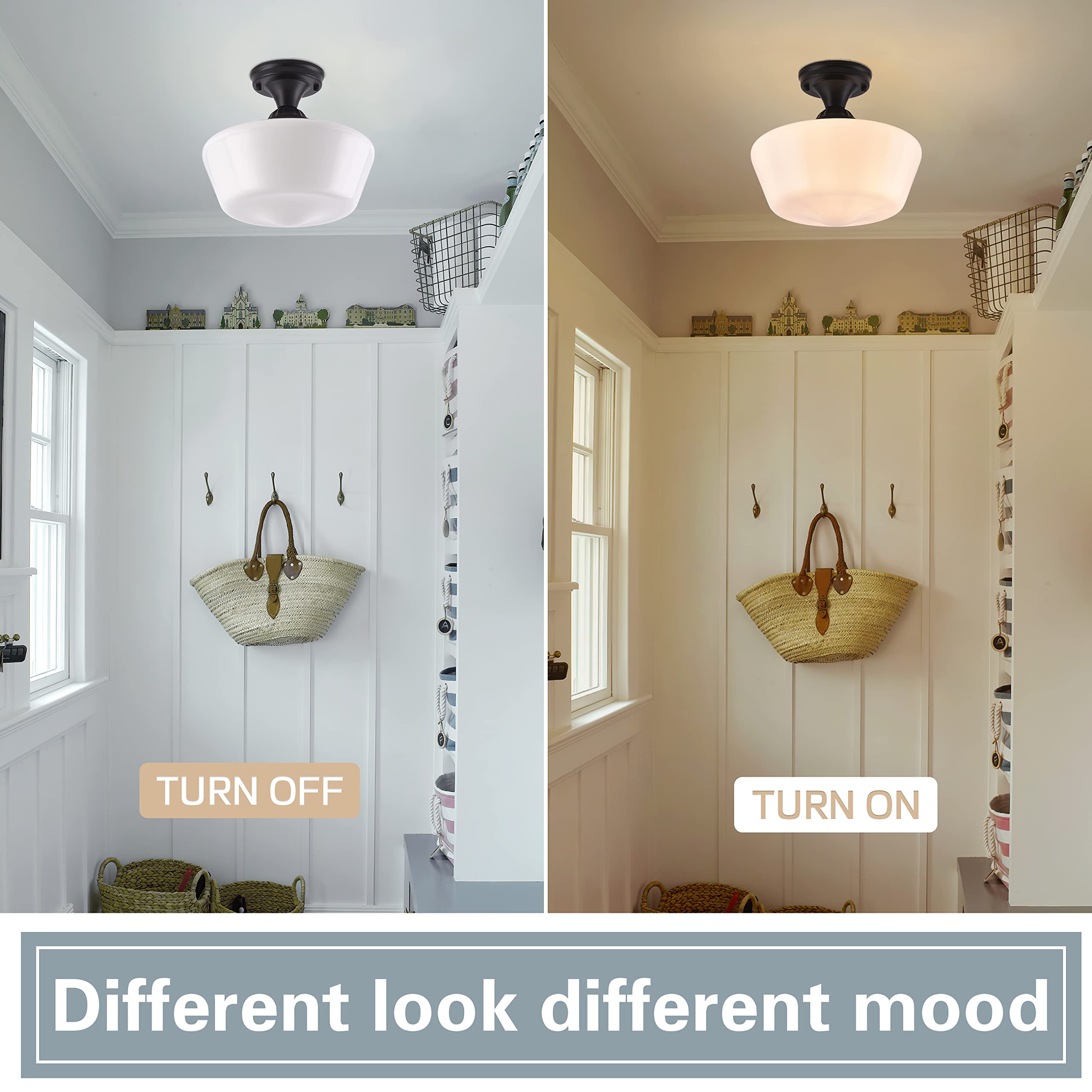 Ayshwilldec 12'' Mid Century Black Semi Flush Mount Light Fixture With Milk Glass, Led Bulb