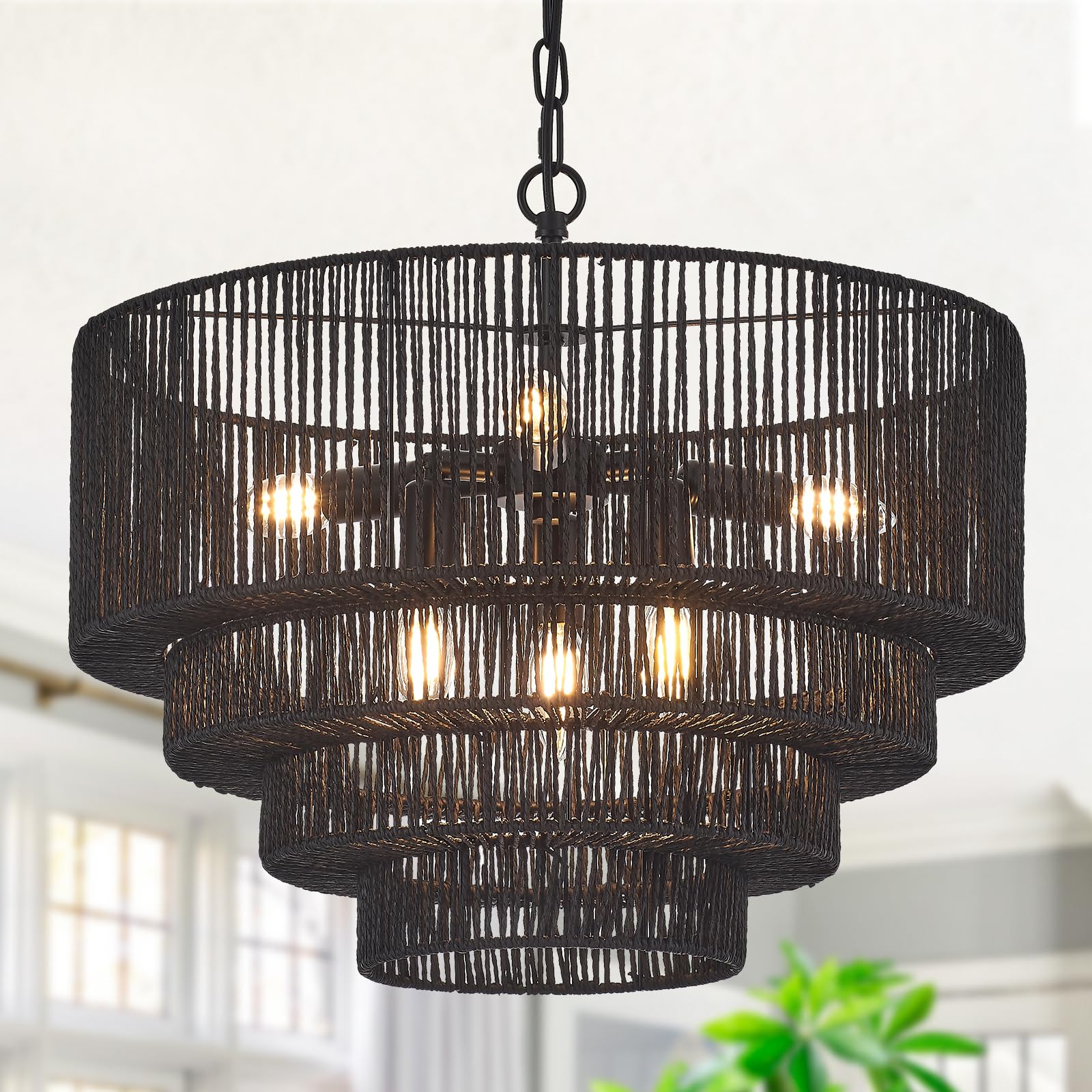 Yomecoo 19.7'' Hand-Woven Rattan Chandelier Vintage Farmhouse 6-Lights Boho Black Bamboo Chandeliers Light Fixture Retro Drum Wi