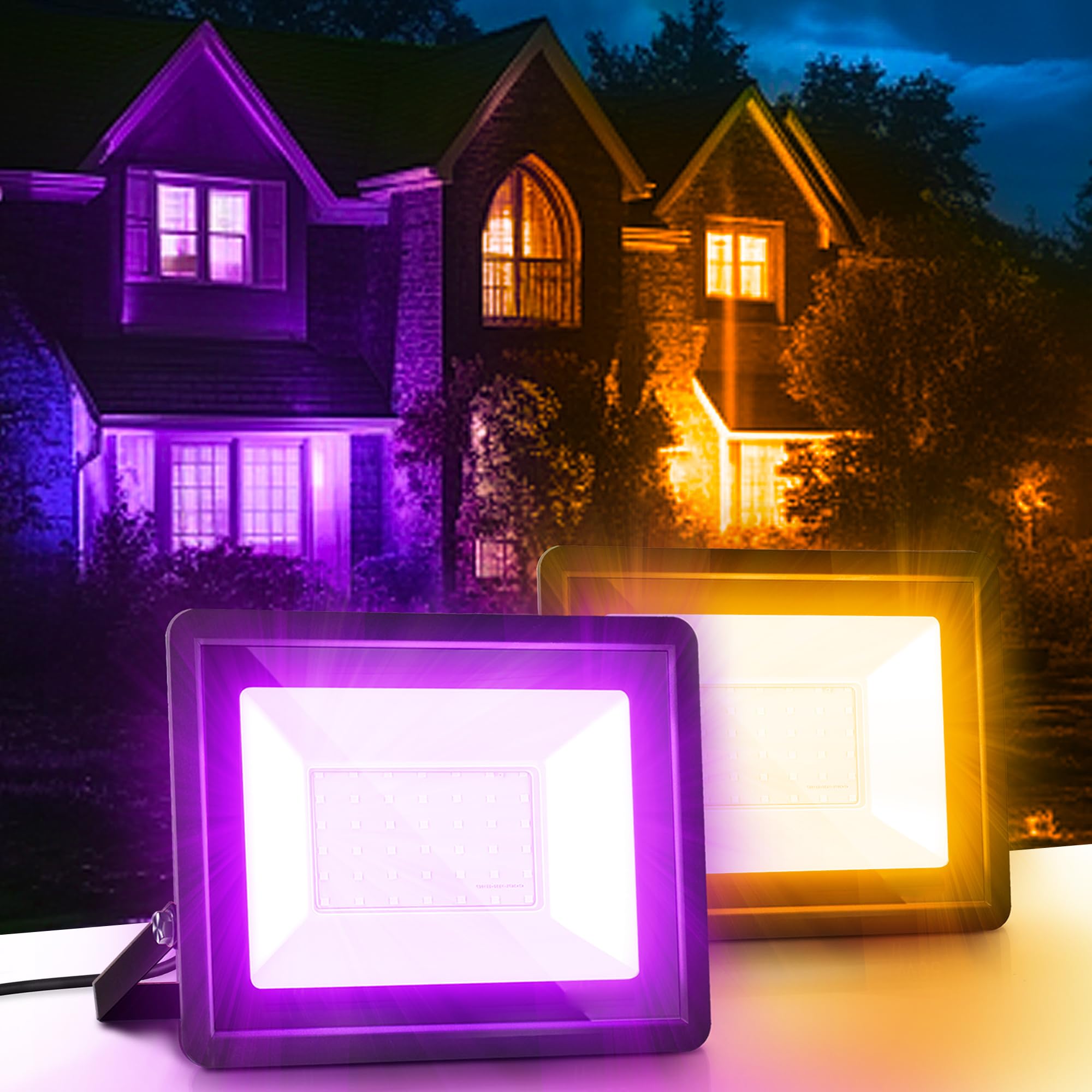 LOHAS Orange and Purple Halloween Lights, LED Flood Light Outdoor, 2 Pack ???????? ????/?????? 50W Plug in Flood Light, IP66 Wat