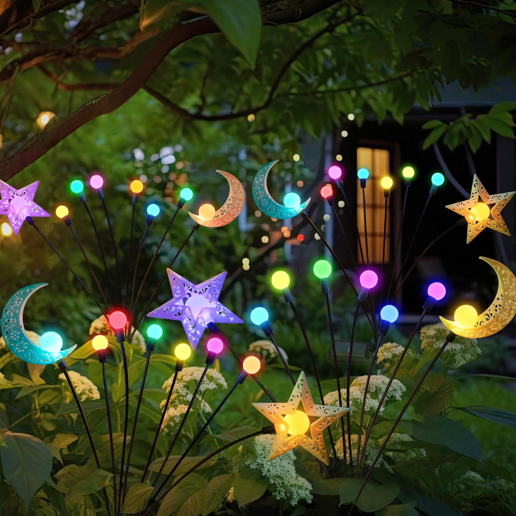 Solar Firefly Lights Outdoor Moon Star Sun Projection Stake Lights - Waterproof Solar Powered Garden Lights For Pathway, Yard, P