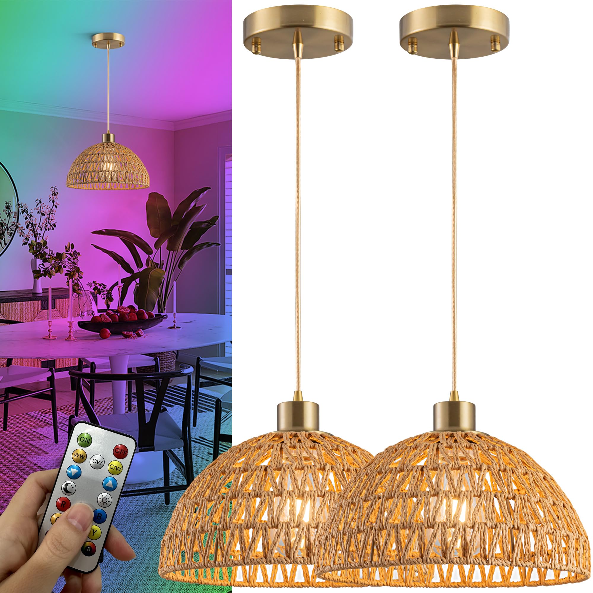 Nekhung Battery Operated Pendant Light with Remote-Battery Chandelier Handwoven Rattan, Battery Hanging Light 50+Hours Long Life