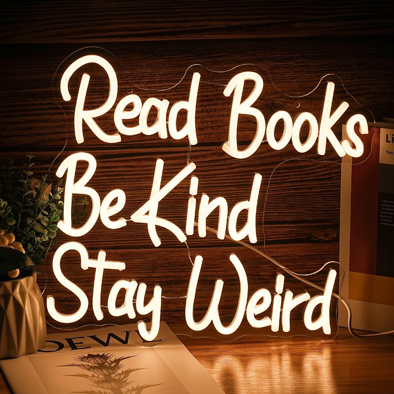LISIGNVE LED Neon Sign - Read Books Be Kind Stay Weird - Dimmable USB Powered, 14.17in x13in , Warm White, Acrylic Wall Decor