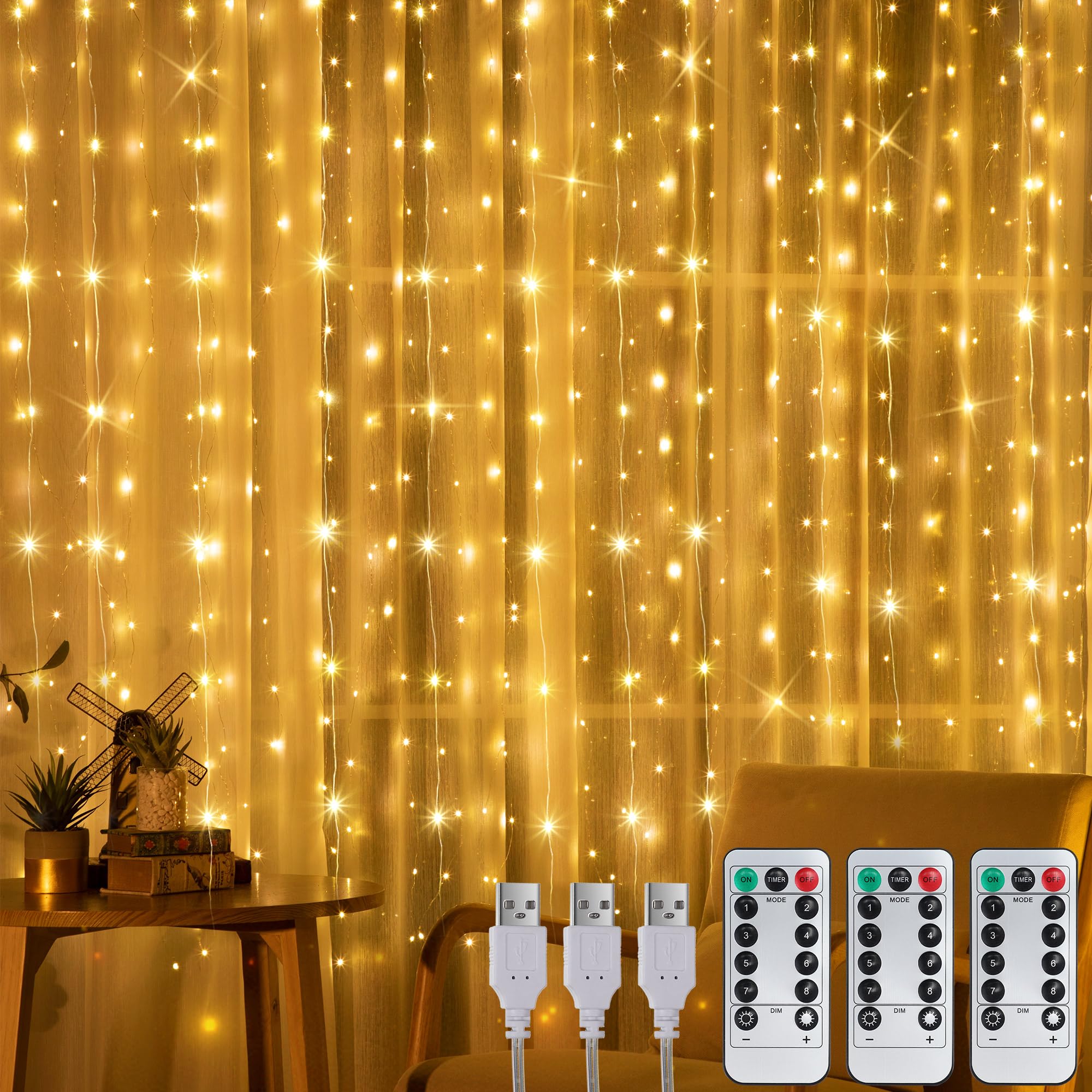 Tuanse 3 Pack 195 LED Curtain Tapestry Lights Backdrop String Lights, 6.5 x 5 Feet Hanging Fairy Curtain Light with 8 Lighting M