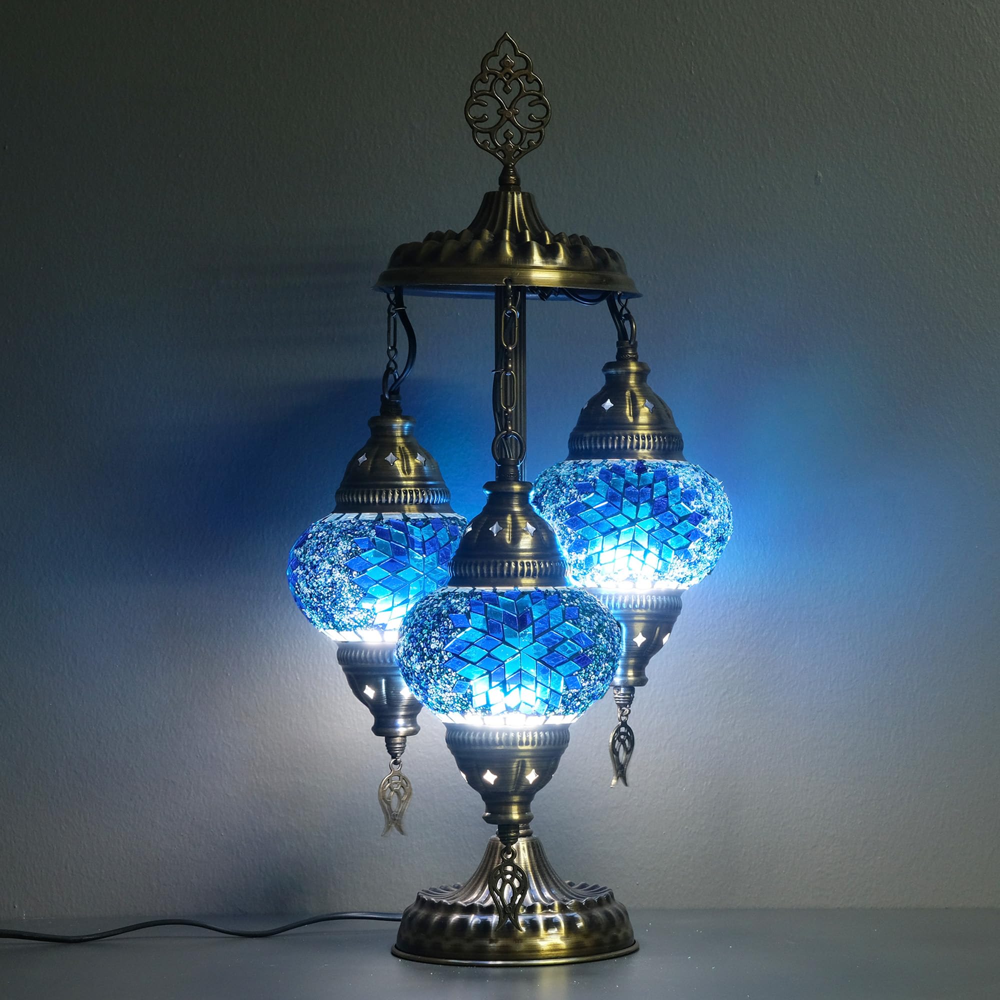 Asylove Turkish Mosaic Table Lamp, 3 Globe, 12x12x24 inch, Glass, Daisy Blue, Model 3GlobeAPNo2
