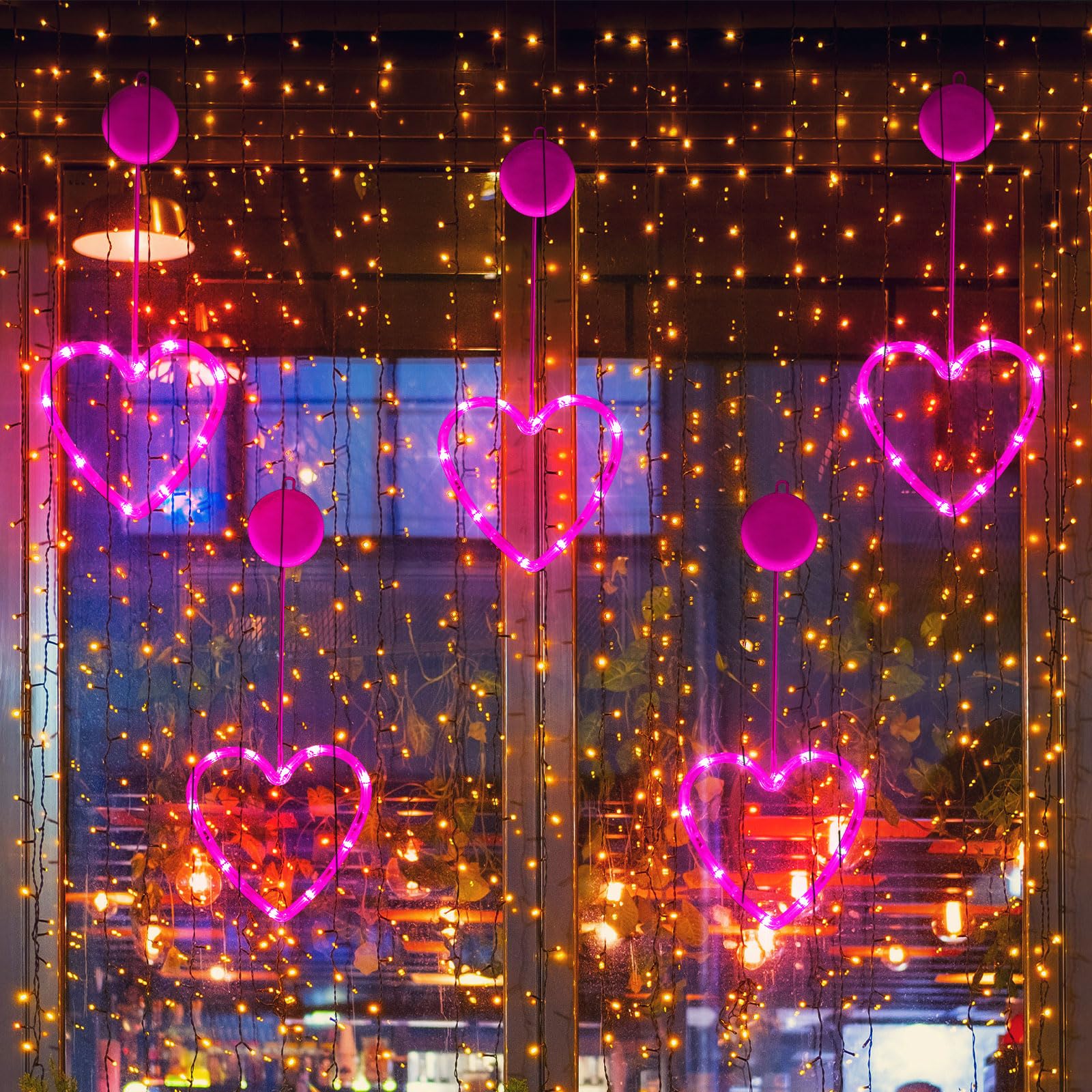 Baquler 5 Pcs Battery Operated Heart LED Lights, Pink, Timed with Suction Cup, Model SIL-Baquler-2028 for Valentines Day Decor