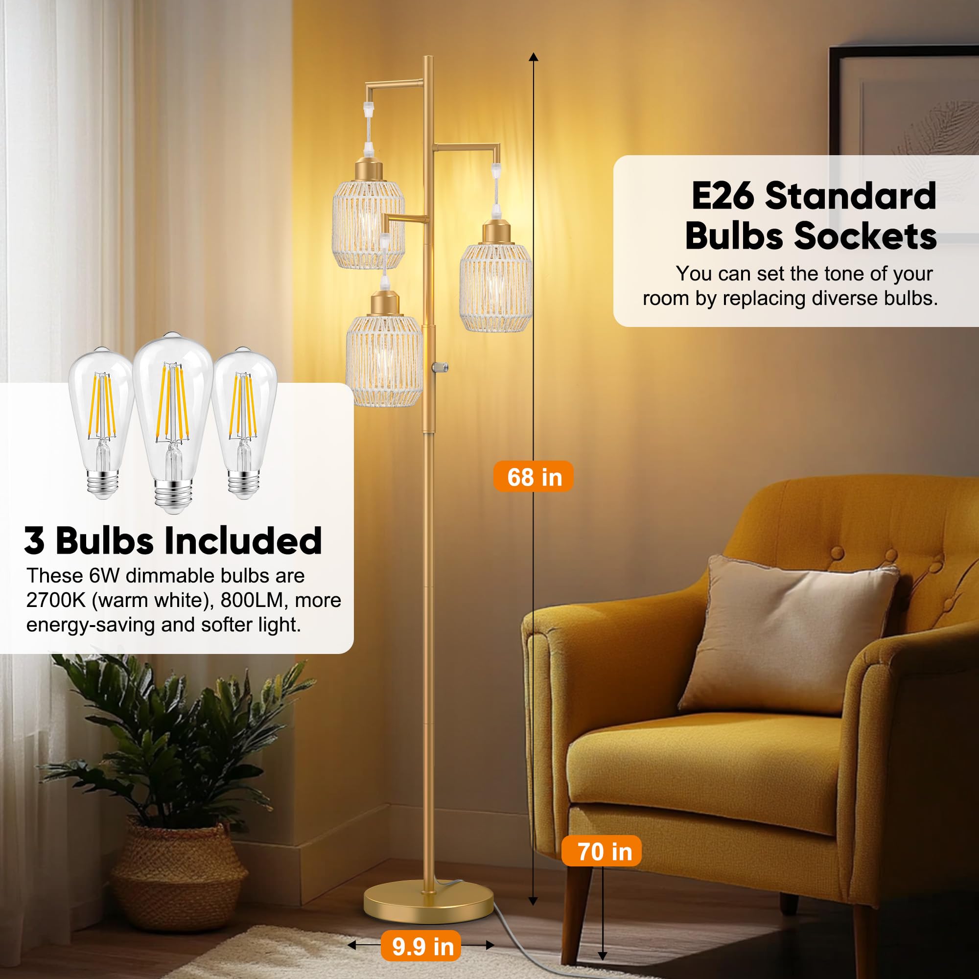 ROTTOGOON Dimmable Floor Lamp - 3-Light Rattan Design, 68in, Gold & White, Model ROFP125BZ1, Rustic Industrial Style for Living Room & Bedroom