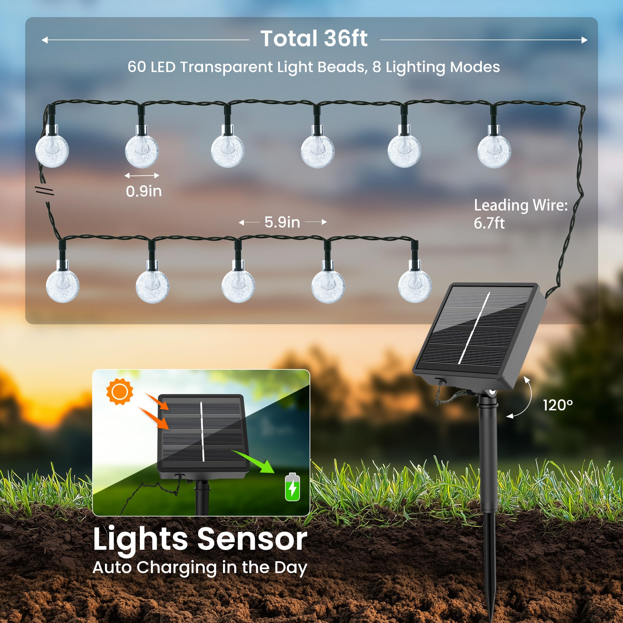 Domihue Solar Lights Outdoor Waterproof, Total 36Ft 60 Leds Crystal Globe Lights With 8 Modes, Solar String Lights For Outside,